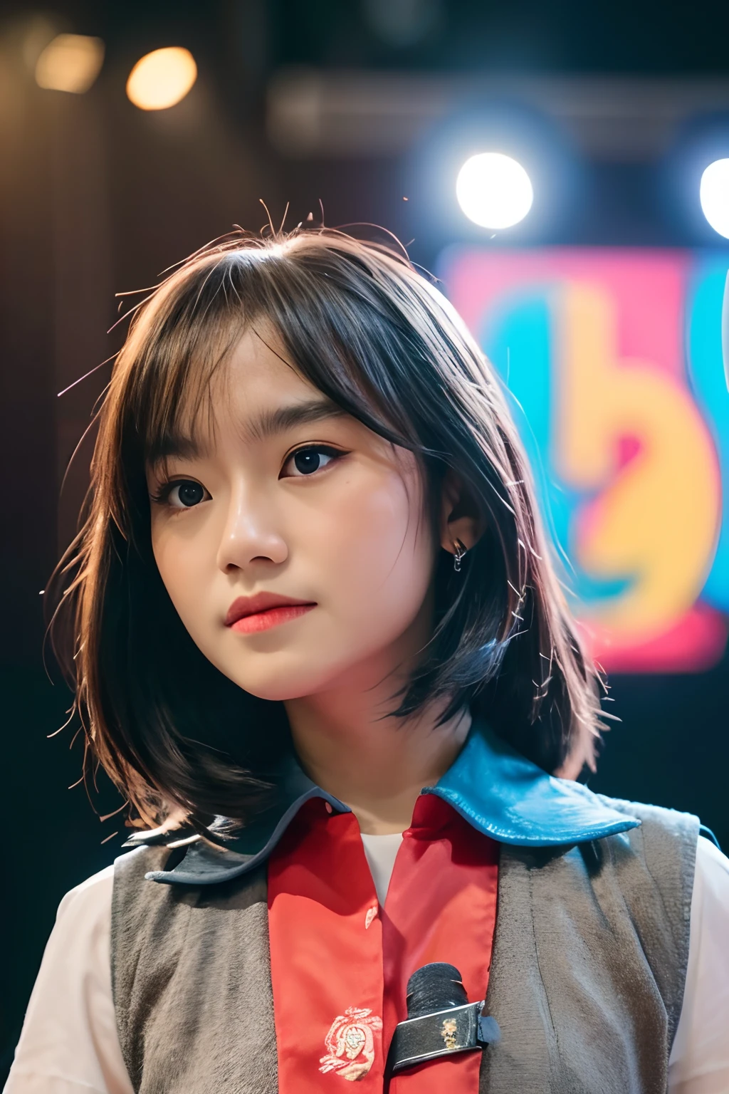 freya from JKT48, idol, indonesian girl, ash gray hair, wearing a black japanese school unform, in the stage, close up, looking at camera, cinematic, sharp lense, professional photographie, 70mm lense, soft light, colorful background, 4k