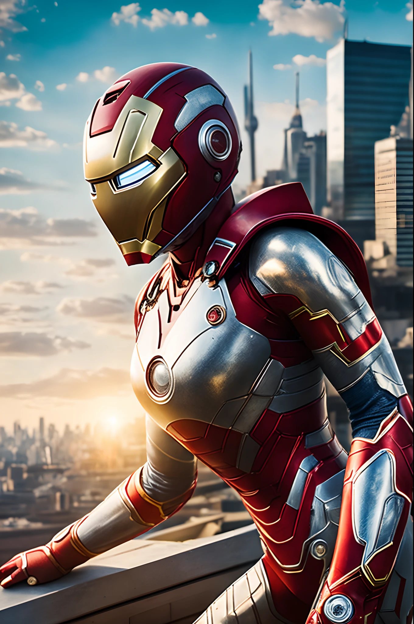 girl in ironman suit and helmet, many small details, on a rooftop, city at the background, sunlight, highly detailed, deep focused image, ultrarealistic photo