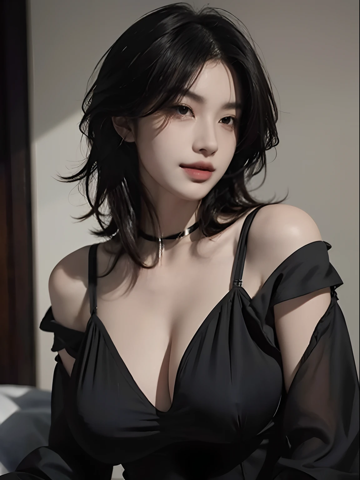 1girl,(masterpiece,best quality photorealistic,cgi,ultra realistic,detailed face),big boobs,smirk,black dress,clevage,wolf haircut