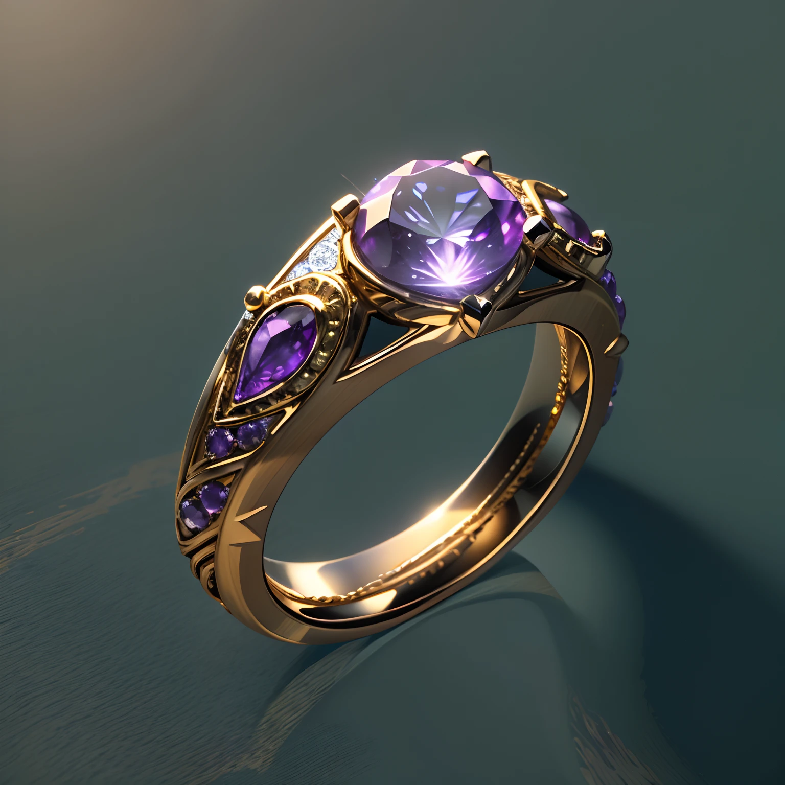 hyper HD, Super detail, Best quality, High details, 1080p, 16k, A high resolution，Close-up of the ring，A ring with a sparkling surface, The magical wishing ring,  magic crystal ring, magic ring with a diamond, purple sparkles, gold and purple, ring lit,, Sparkling gold ring, glowing purple, The background is the mysterious cosmic starry sky, Ring photography, Gemstones and yellow gold rings，(The best illustrations)，(The best shadow)，Isometric 3D.Octane rendering，Hyperrealistic