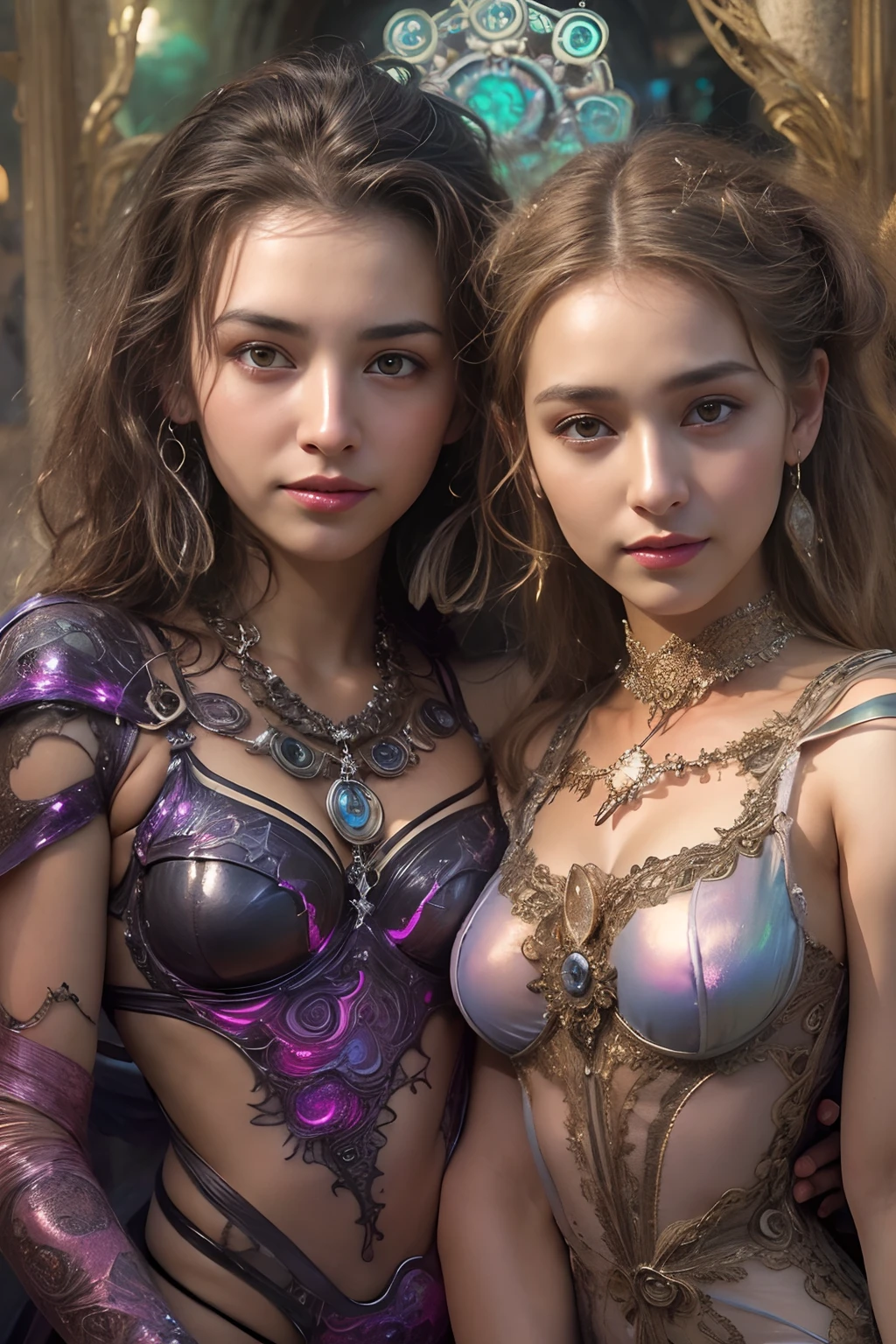(Two beautiful age italian girls:1.6), Close friends, (They are hugging each other:1.2), Kiss her cheek or chest,(Detailed iridescent bodysuit with beautiful fractal or marble design:1.5)Incredible and spectacular scenes, ((High quality)), ((Detailed)), ((Fantasy)), Blue Plasma Brain, Green Plasma Body, Vulgarity, beutiful breast, (Open legs:1.4), obscenity, (Lewd smile:1.2), coarse, Obscene, mean, (raunchy:1.2), (Immoral:1.2), Lachish, (small breasts with beautiful raised pink areolas,,:1.5), (Cameltoe), (Expression of ecstasy:1.2), Photorealistic, Official art, unity 8k wall paper, 8K Portrait, Best Quality, Very high resolution, (Incredibly beautiful nature background:1.6), (18 years old:1.5), (Sexy and glamorous:1.1), (A coquettish expression:1.6), (seductively smiling:1.6), (Full body), (erotic posing:1.5), Beautiful seductive face, Portrait, (Thick eyebrows:1.5), (Big purple eyes:1.2), Beautiful eyes with fine symmetry, (Ultra detailed eyes:1.4), (High resolution eyes:1.1), Intimate face, (ultra detailed skin texture:1.4), White skin, pale skin, Perfect Anatomy, Thin, (Beautiful toned body:1.1), Hair Bow, (Moist skin:1.1), full of sweat, No makeup, dark circles, Good anatomy, Focus Face, good-looking, (Emilia Clark:0.6) (Emma watson:0.3),(Jennifer Connelly:0.4), (sensual face:1.5), Elegant face, Nice, Dolce, Blurred back((looks up)), ((Looking down)), (Around her neck is a simple necklace of exquisite workmanship), (Bioluminescence with brilliant brilliance:1.3), (Use fancy flame magic:1.2), (Swirling flames), The Great Temple of the Devil, The Devil's Grand Shrine, great temple, great cathedral, temple ruins, detached temple, (Luminous magic circle), Ruins of an ancient castle, Shining majestic cloud masses and sky, lightning bolt, Epic Realistic, Faded, Art Book, (Greg Rutkowski:0.8), (teal and orange:0.4), (Art Station:1.5), Cinematic, ((Neutral colors)), (nffsw:1.5), (Muted colors:1.2), Hyper Detailed, Dramatic light, (Intricate details:1.1), Complex b
