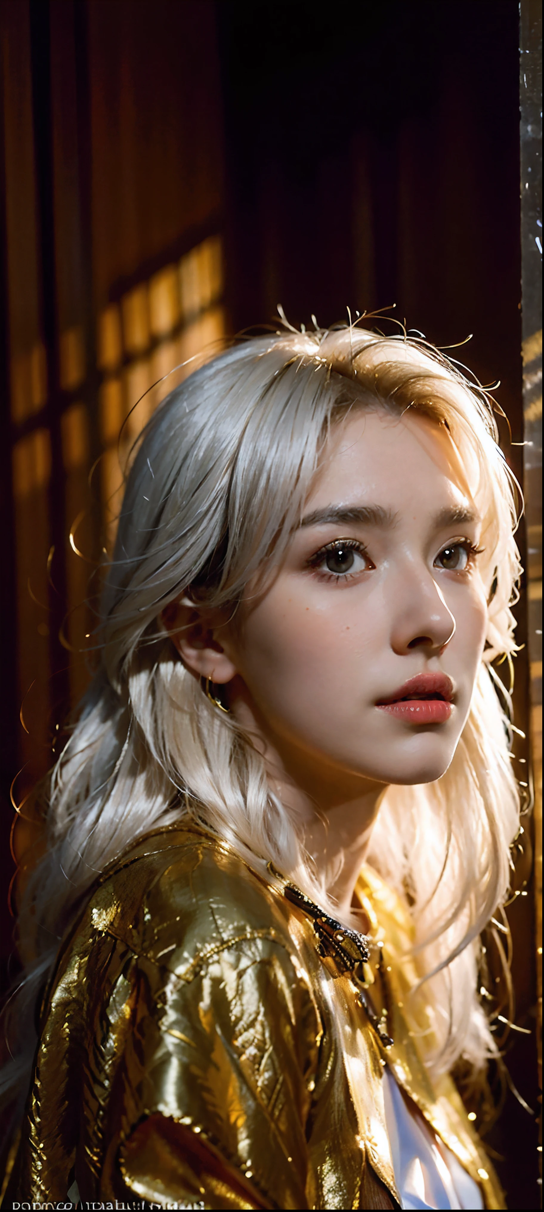 Hyperrealist portrait of female by david hockney and alphonse mucha,fantasy art, photo realistic, dynamic lighting, artstation, poster, volumetric lighting, very detailed faces, 4 k, award winning,, 1girl, in the dark, deep shadow, low key,cowboy shot,(official clothing:1.4) ,long hair,white hair,