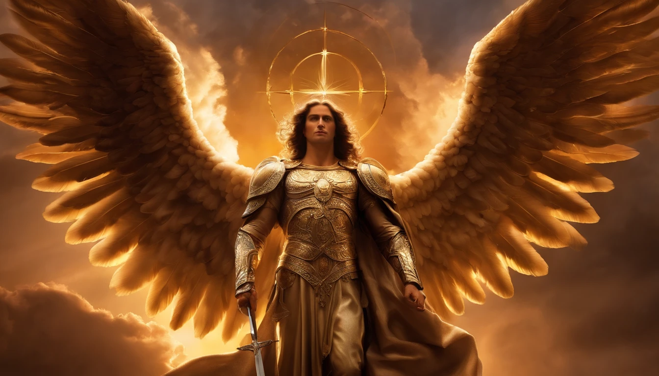 um personagem masculino, o arcanjo Miguel, imagem celestial, detalhes intricados, realista, asas ROSAS e grandes, fundo angelical, Catholic illustrative image of the archangel Michael, Male character of the Bible, Michael is wearing his angelic armor, cosmic background, Illumination in the Archangel and in the background, imagem do corpo todo do anjo, Maximum detail and his angelic face and wings, pele perfeita realista, Maximum image quality, Miguel ele esta destacado na imagem com cores fortes e chamativas.