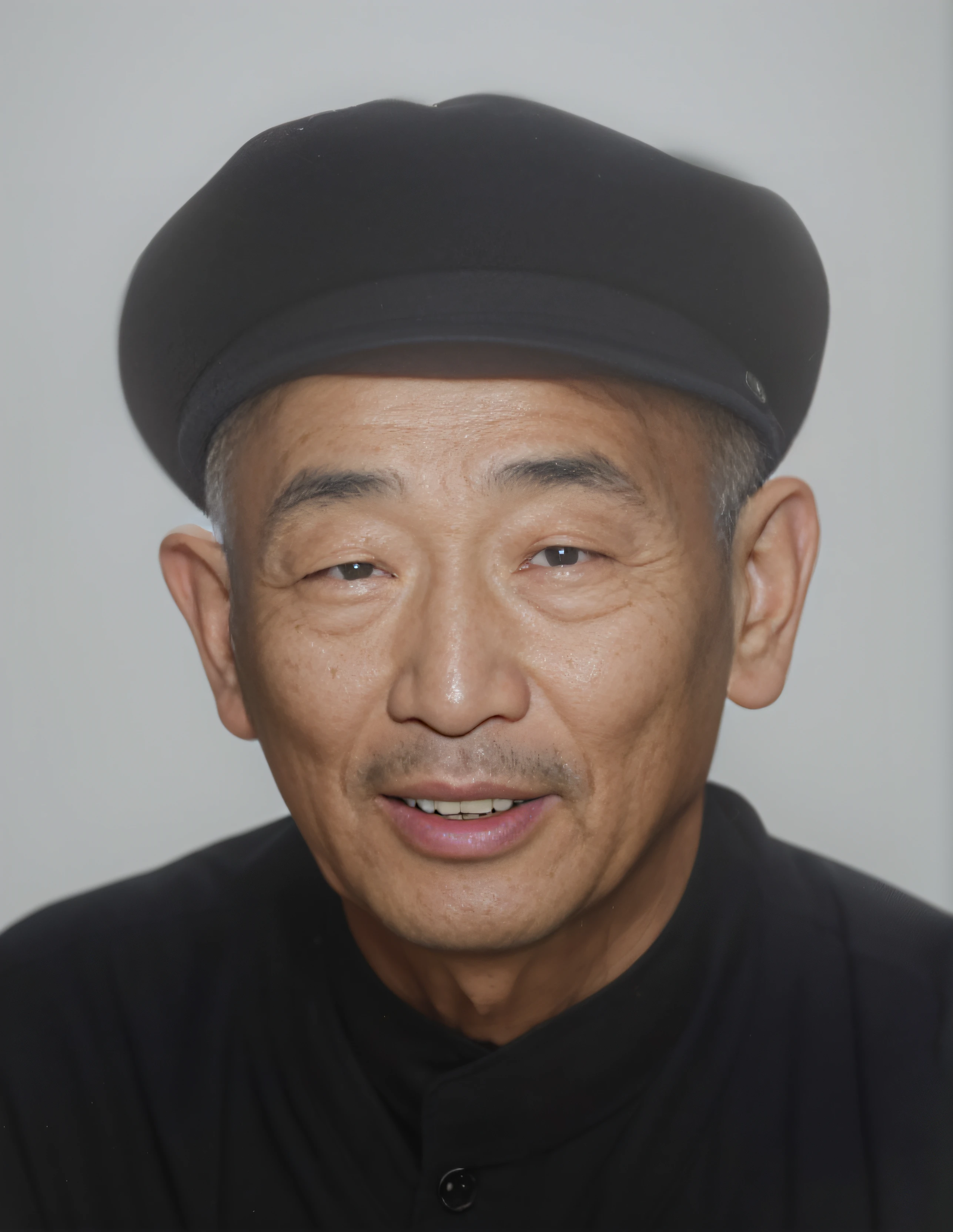 Portrait of a 60-year-old Chinese man，Face emaciation，without a beard，Good facial features，Symmetrical facial features，The ears are symmetrical and clear，Ultra-clear and realistic facial features，With a black hat on his head，With a hat with a brim，Hat coordination，He was wearing a black military uniform，The texture of the clothes is clear，Ultra-clear texture，Camera shooting effect，Light and shadow are natural，Symmetrical clothes，The collar is symmetrical and coordinated，Ultra-clear realistic 8K,Very detailed eyes and face,Ultra detail, High definition, Very detailed, Best quality, Masterpiece, , Realistis, Real, 8K wallpaper,Background details for foreground objects (Masterpiece: 1.2) (Photorealistic: 1.2) (Bokeh: 1.2) (Best quality) (Color grading) (Detailed skin: 1.3) (complex) (8K) (hdr) (Movie lighting: 1.3) (Sharp focus), Glossy glossy skin, Front-facing Ultra HD, Digital SLR, Soft lighting, High quality, film gram, Fujifilm XT3 skin texture, filmgrain, Close up, 超高分辨率,