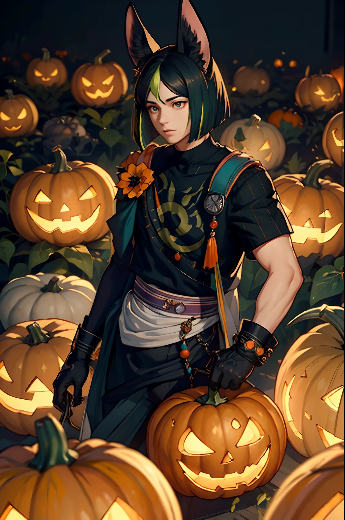 extremely delicate and beautiful, Amazing, finely detail, masterpiece, ultra-detailed, highres,best illustration, best shadow,intricate,sharp focus, high quality, 1 male solo, mature, handsome, tall muscular guy, broad shoulders, black hair with a green streak. big black animal ears, dark teal eyes, tighnari genshin impact, gloves, black shirt, white shirt, black pants, ((pumpkins, pumpkin farm, halloween))