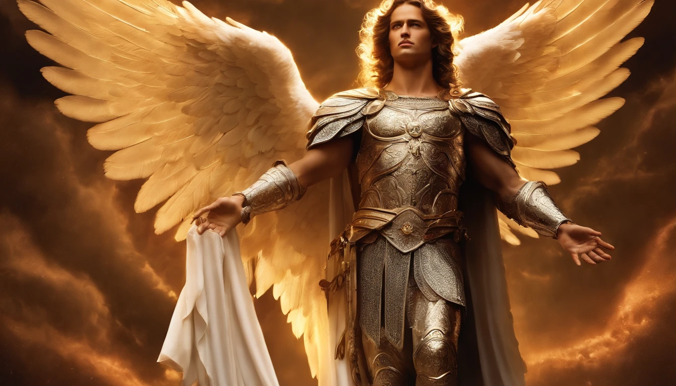 um personagem masculino, o arcanjo Miguel, imagem celestial, detalhes intricados, realista, asas ROSAS e grandes, fundo angelical, Catholic illustrative image of the archangel Michael, Male character of the Bible, Michael is wearing his angelic armor, cosmic background, Illumination in the Archangel and in the background, imagem do corpo todo do anjo, Maximum detail and his angelic face and wings, pele perfeita realista, Maximum image quality, Miguel ele esta destacado na imagem com cores fortes e chamativas.