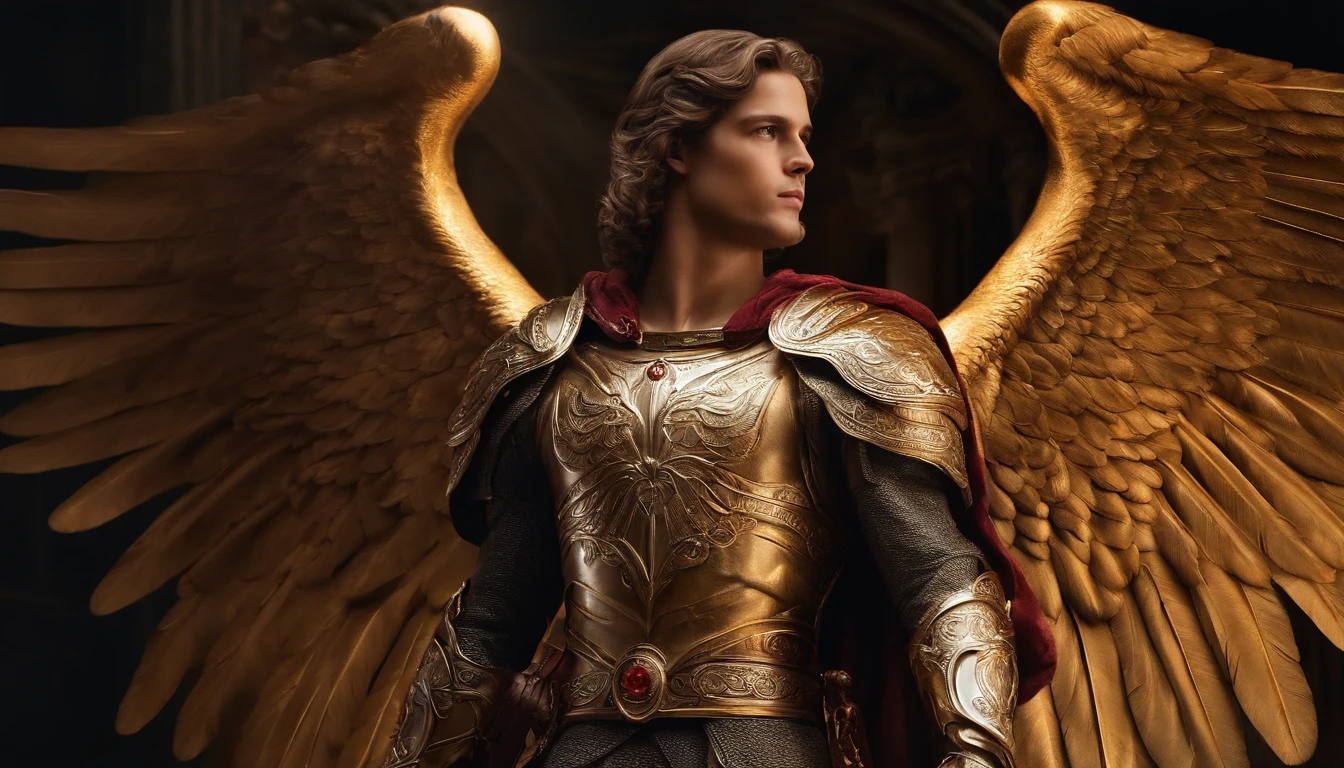 um personagem masculino, o arcanjo Miguel, imagem celestial, detalhes intricados, realista, asas ROSAS e grandes, fundo angelical, Catholic illustrative image of the archangel Michael, Male character of the Bible, Michael is wearing his angelic armor, cosmic background, Illumination in the Archangel and in the background, imagem do corpo todo do anjo, Maximum detail and his angelic face and wings, pele perfeita realista, Maximum image quality, Miguel ele esta destacado na imagem com cores fortes e chamativas.