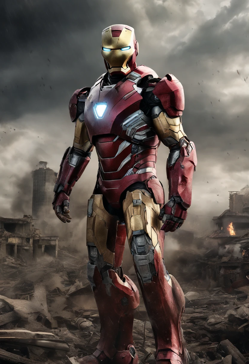 In a cinematic scene, Tom Cruise in Iron Man suit, not wearing helmet,  close up portrait shot, ashes and gray desolated settings but it's ravaged and torn, displaying intricate details of battle damage. The suit's once-vibrant red and gold now appear as cold, gritty ashes, blending into a desolate, gray landscape. Amidst the ruins, Cruise's determination shines through his battered armor, a testament to the relentless fight that's left him worn yet unyielding, captured in the stark 8K portrait.