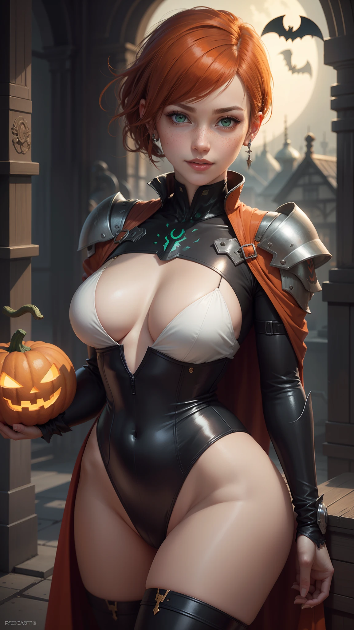 gwen tennyson,tracer,yorha 2b,rebecca chambers,atelier ryza,overwatch,1girl, close up,mecha pilot,halloween village, white and red plugsuit,hair pin,pirate corset,silver long sleeve lycra top,black leggings,short hair,cute makeup, green eyes,orange and golden hair,shy smile,freckles,redhead,beautiful girl,large breasts,ultra detailed,realistic,fantasy art,chinese goth dress,steel armor, halloween pumpkin,moonlight,silver earrings,vampire cloak,