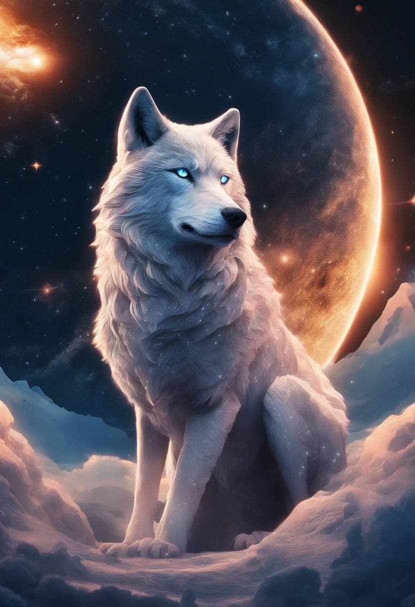 lobo realista na frente de uma lua cheia. o lobo possui olhos amarelos e tem uma pelagem dourada. There are stars and faint glow all over the picture and the wolf is looking serene