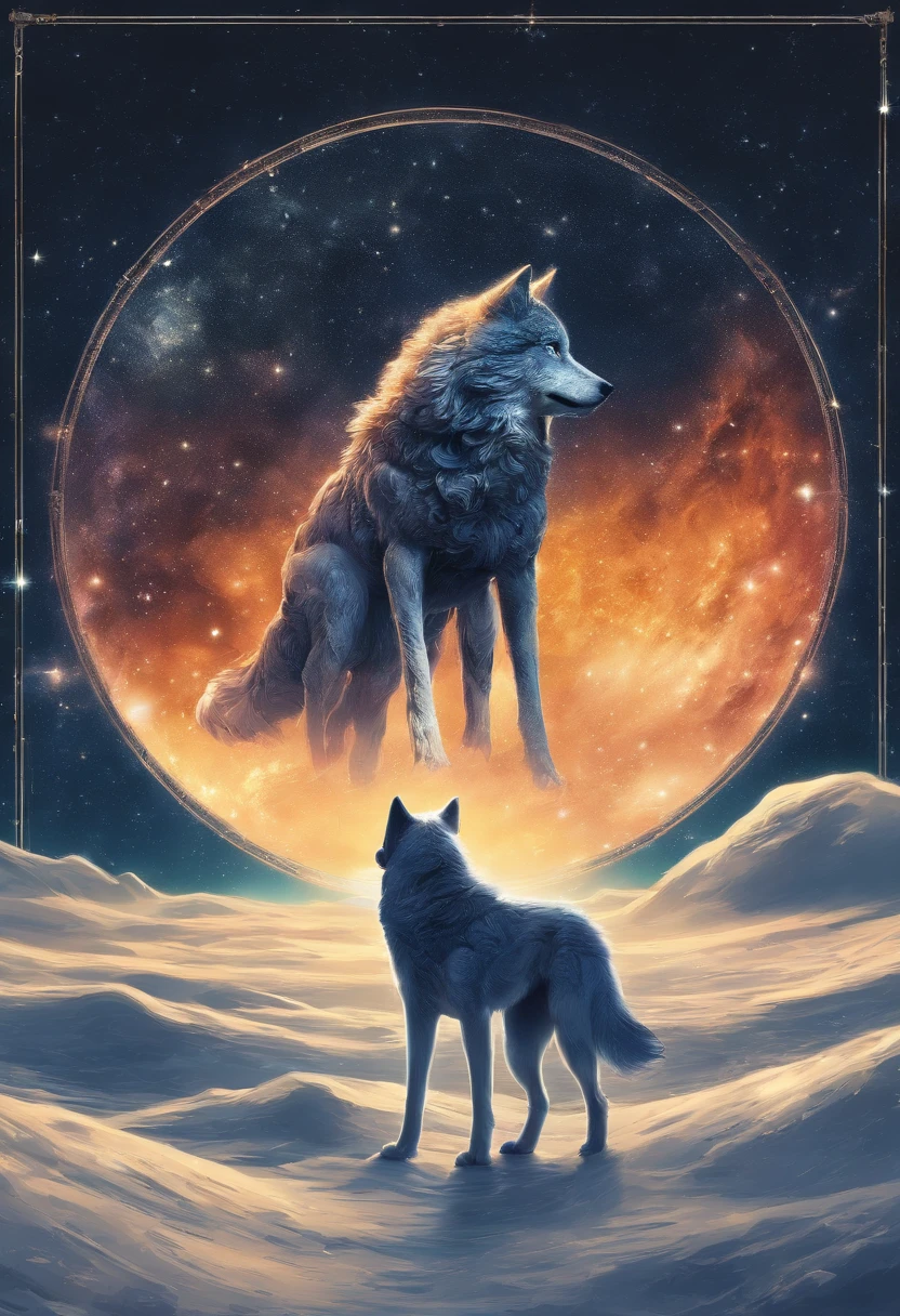 lobo realista na frente de uma lua cheia. o lobo possui olhos amarelos e tem uma pelagem dourada. There are stars and faint glow all over the picture and the wolf is looking serene