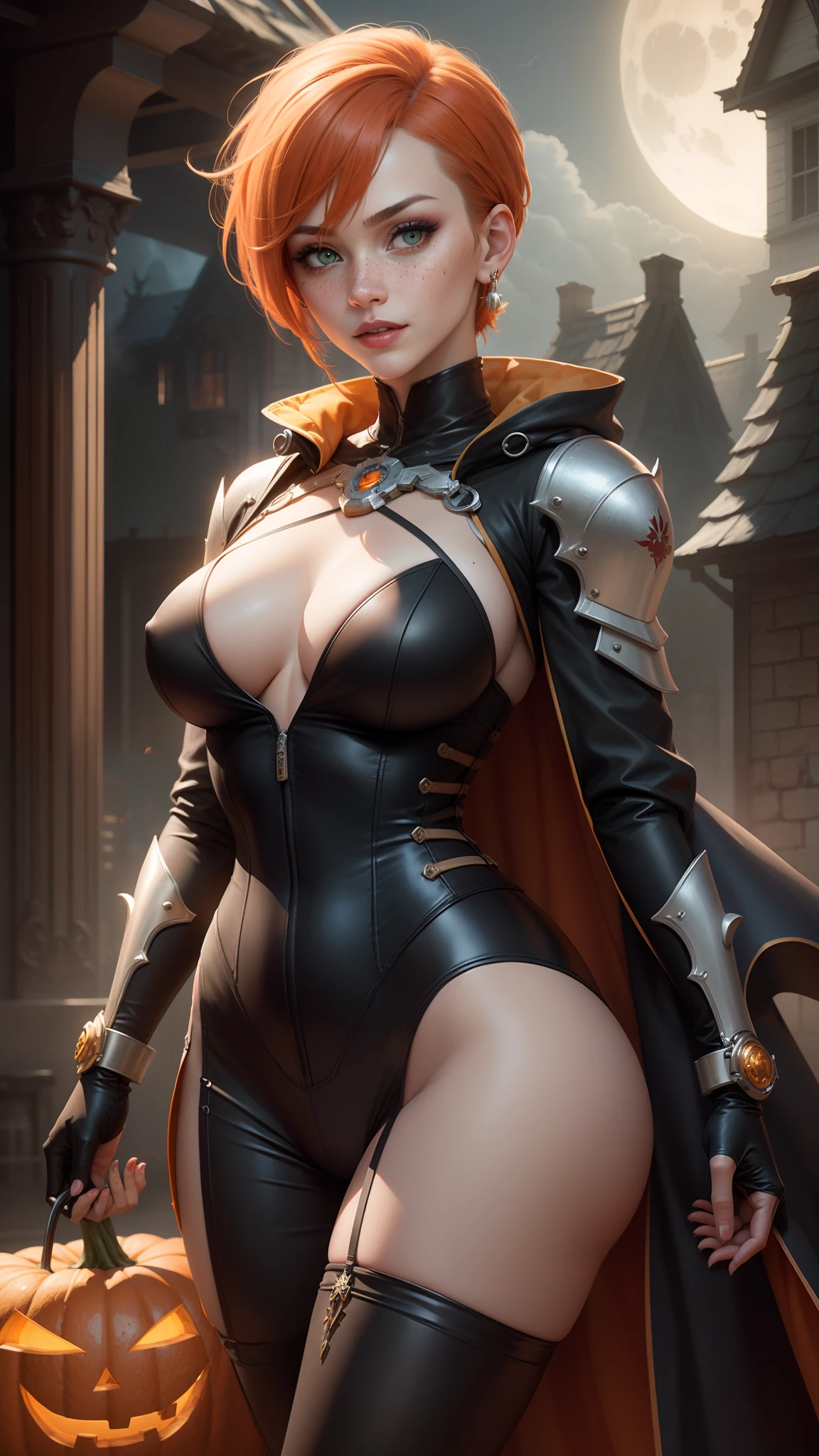 gwen tennyson,tracer,yorha 2b,rebecca chambers,atelier ryza,overwatch,1girl, close up,mecha pilot,halloween village, white and red plugsuit,hair pin,pirate corset,silver long sleeve lycra top,black leggings,short hair,cute makeup, green eyes,orange and golden hair,shy smile,freckles,redhead,beautiful girl,large breasts,ultra detailed,realistic,fantasy art,chinese goth dress,steel armor, halloween pumpkin,moonlight,silver earrings,vampire cloak,