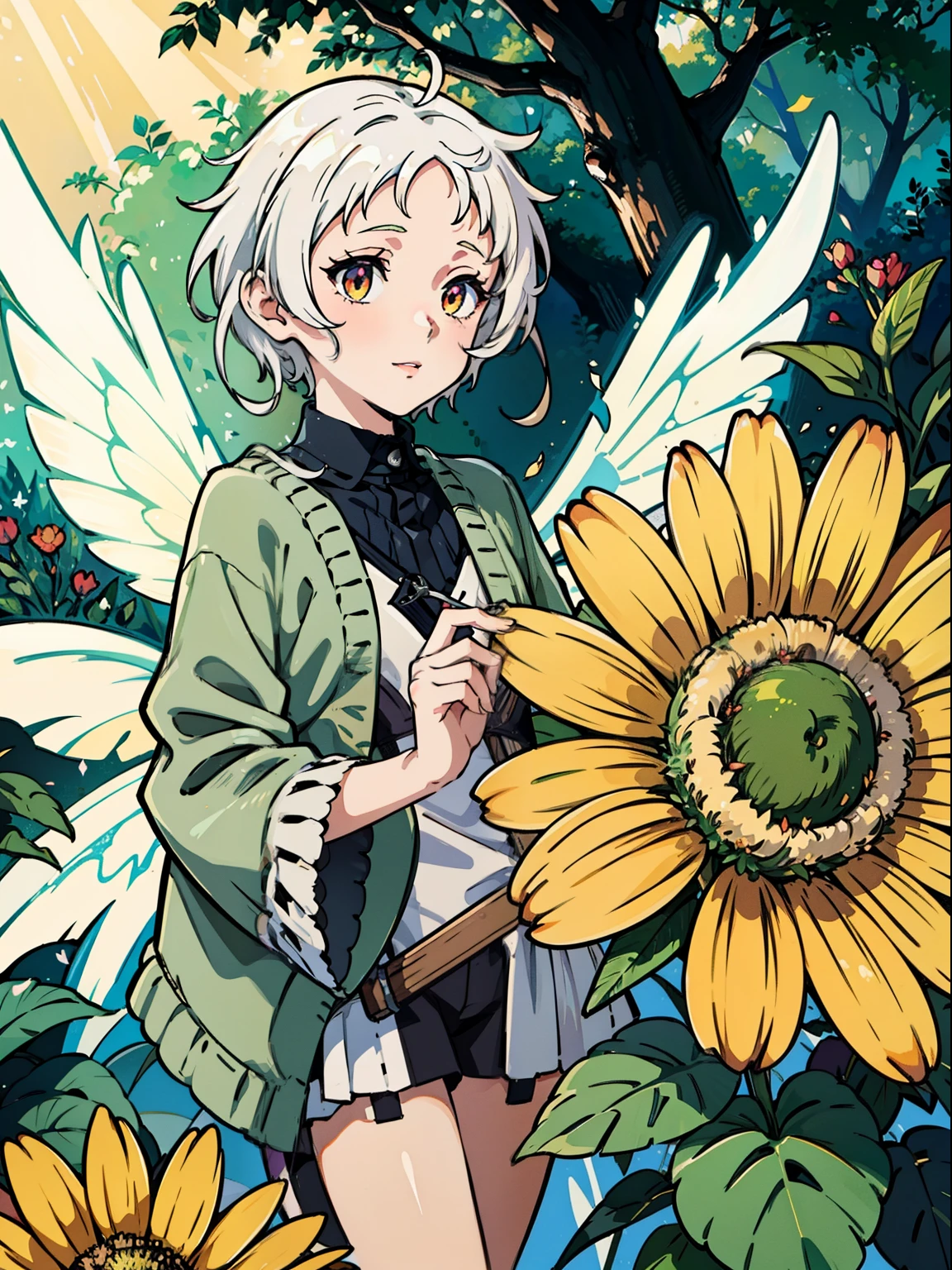 white short hair, red delaled sparkling eyes, Flower fairy, Transparent colorful wings, Magic wand，The background is forest，fresh flowers，green trees，Outstanding quality，illustration，8k，High definition, white short hair