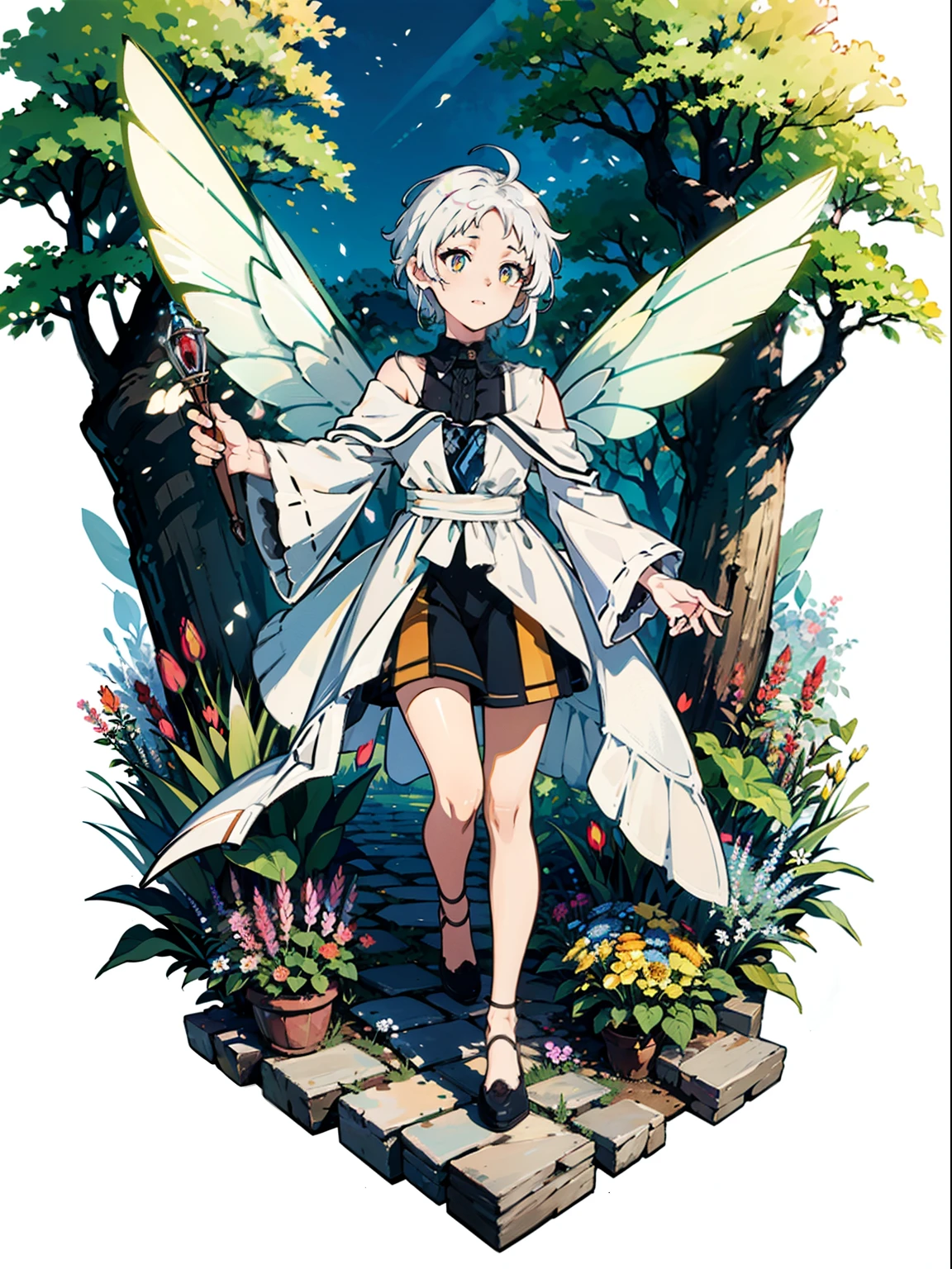 white short hair, red delaled sparkling eyes, Flower fairy, Transparent colorful wings, Magic wand，The background is forest，fresh flowers，green trees，Outstanding quality，illustration，8k，High definition, white short hair