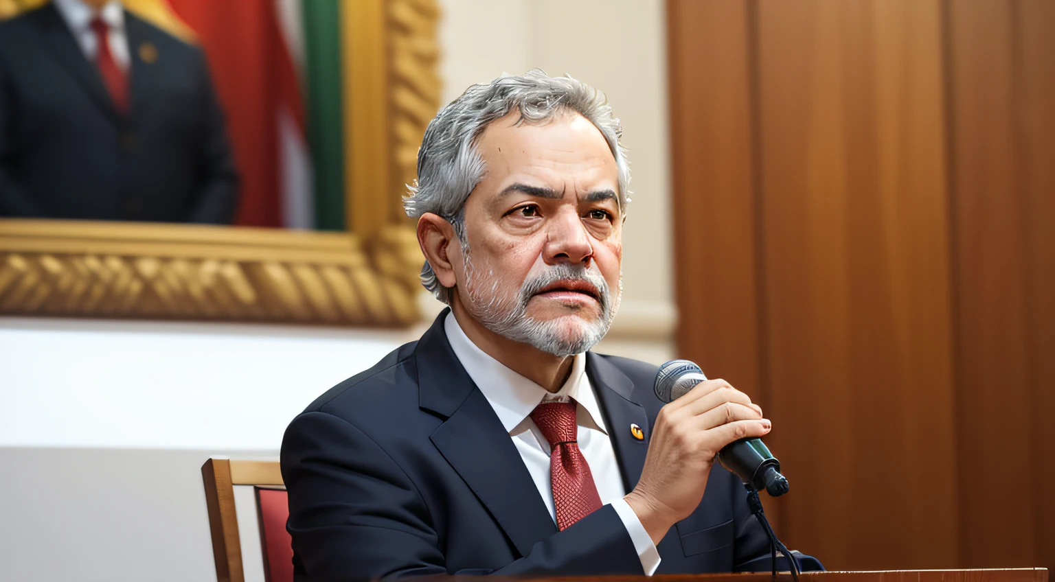 PRESIDENTE LULA EM SUA MESA, COM TERNO E FAIXA PRESIDENCIAL OLHANDO PARA TELA DO COMPUTADOR E FALANDO AO MICROFONE SOZINHO