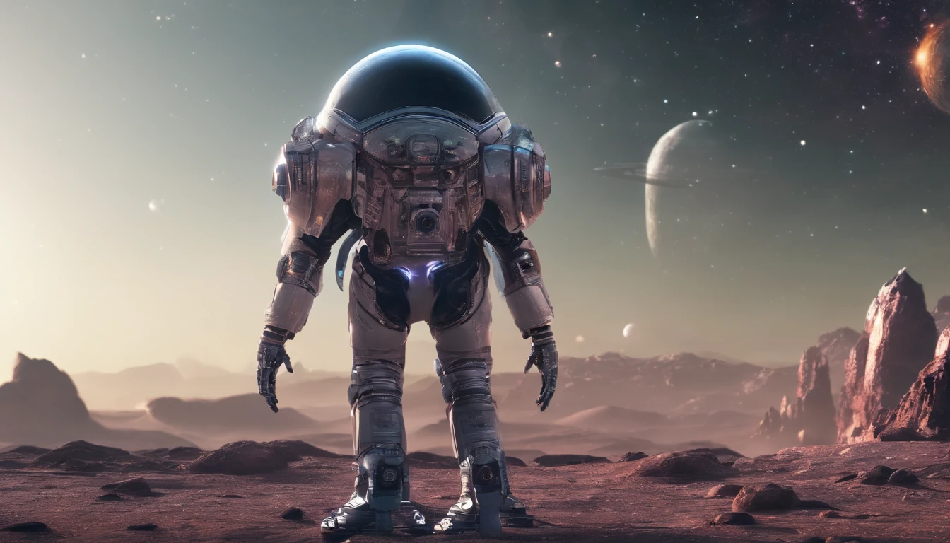 A small alien spaceship stands on an unknown rocky planet with no atmosphere, An alien in a spacesuit stands nearby and looks at the horizon, (hiquality, ray traced, 8K)