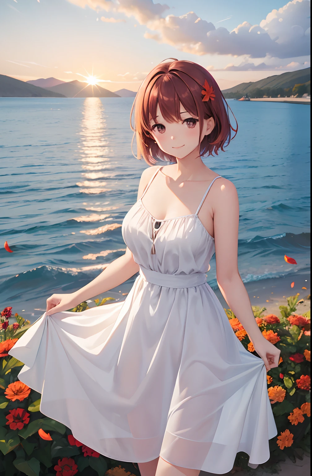 1girl, autumn, autumn_leaves, bangs, beach, blue_sky, blush, breasts, brown_hair, closed_mouth, cloud, cloudy_sky, collarbone, day, dress, field, flower, flower_field, horizon, lake, leaf, looking_at_viewer, mountain, mountainous_horizon, ocean, outdoors, palm_tree, petals, plant, red_flower, short_hair, skirt_hold, sky, smile, solo, standing, sunset, tree, twilight, water, white_dress, perfect eyes