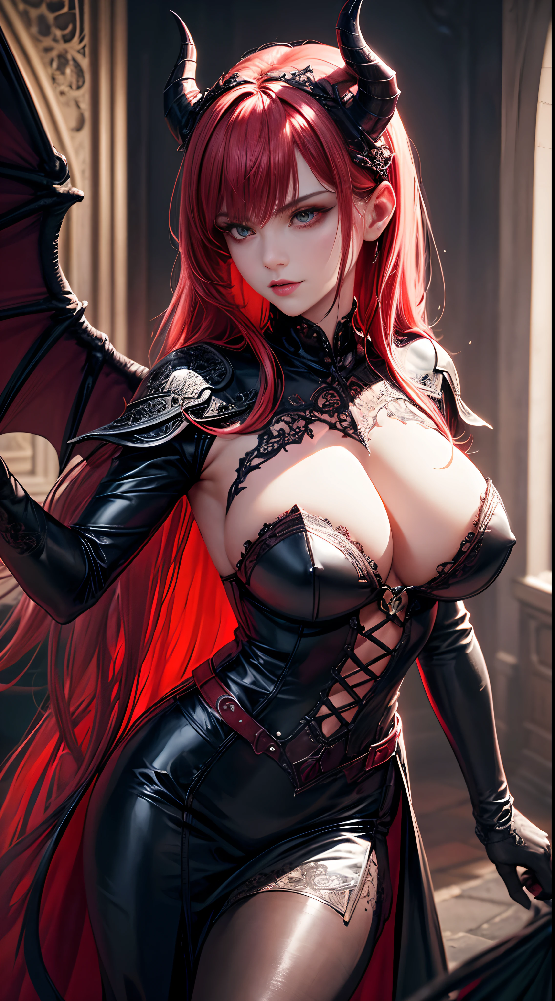 (best quality,4k,8k,highres,masterpiece:1.2),ultra-detailed,(realistic,photorealistic,photo-realistic:1.37),a beautiful and sexy Demon Queen,illustration,witchcraft,leather armor,black wings,demonic horns,(seductive,charismatic:1.1) smile,hypnotizing gaze,ominous atmosphere,magical staff,dark background,misty fog,vivid colors,sharp focus,studio lighting,gothic style,red and black color palette,dimly lit scene,subtle shadows,artistic composition,supernatural beauty,intricate details,fantasy setting.