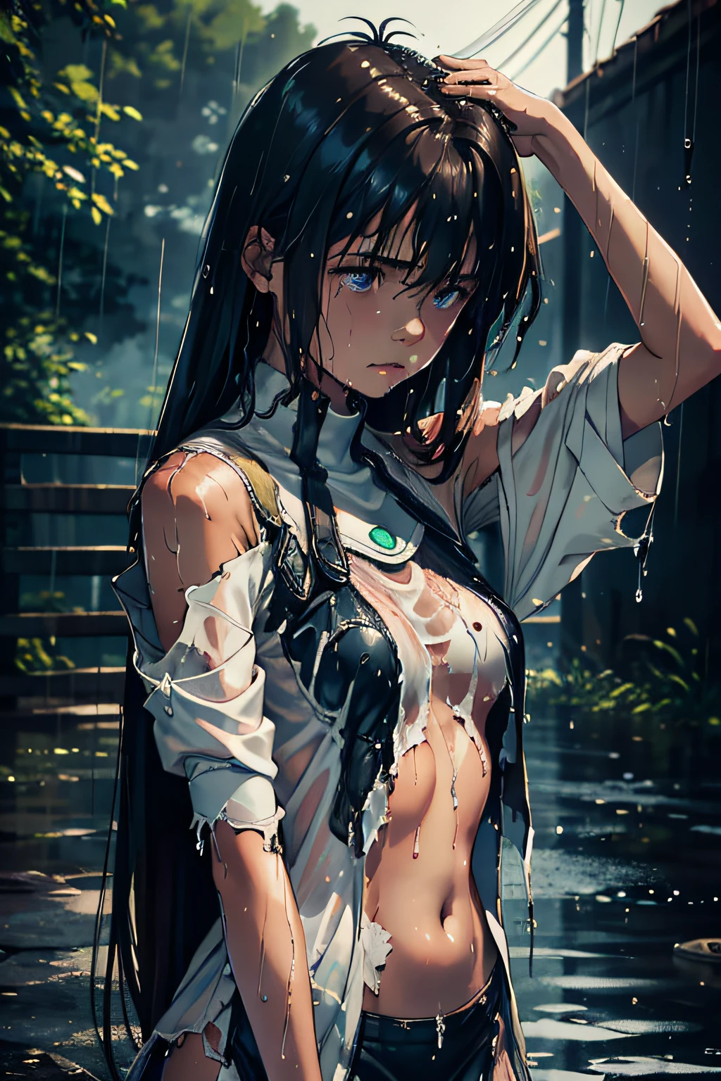 Best picture quality, masterpiece, ultra high resolution, (fidelity :1.4), photo, 1 girl,[(sadness)], Dim, dark, desperate, pitying, pitiful, cinematic, tear, teardrop, (Torn clothes:1.5), (Wet clothes:1.4), bare shoulders,Real rain,wet hair, Elhaym von Houten