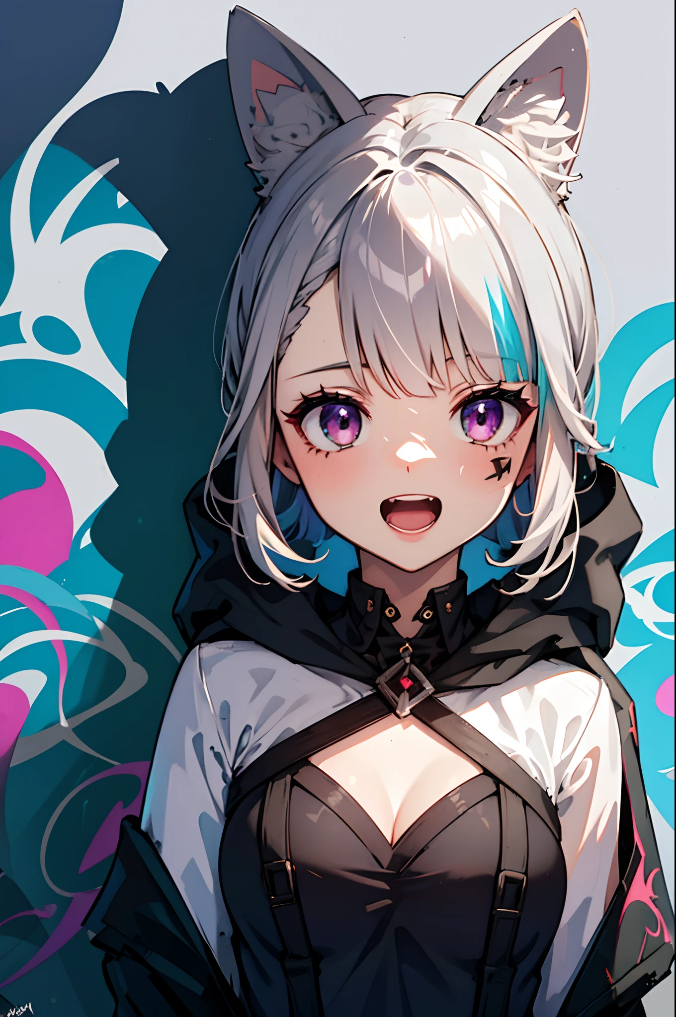 masterpiece, high quality, highres, absurdres, ultra-detailed, 8k, 1girl, platinum grey hair, blue hair, multicolored hair, gradient hair, looking at viewer, colorful eyes, colorful hoodie, (graffiti murals wall background:1.15), brilliant colorful paintings, bloom, portrait, open mouth, waist bag, against wall, bangs, shadow, reflection, Graffiti face, colourful eyes, open mouth, yandere expression, smile, look at viewer