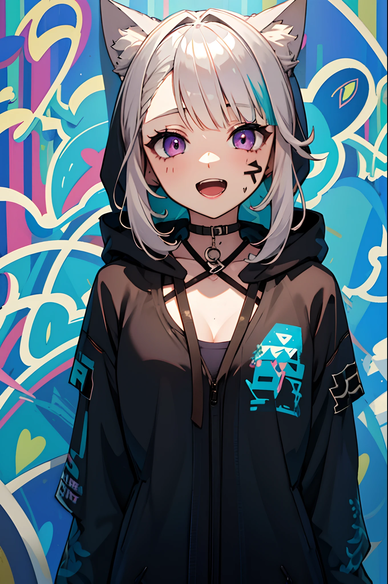 masterpiece, high quality, highres, absurdres, ultra-detailed, 8k, 1girl, platinum grey hair, blue hair, multicolored hair, gradient hair, looking at viewer, colorful eyes, colorful hoodie, (graffiti murals wall background:1.15), brilliant colorful paintings, bloom, portrait, open mouth, waist bag, against wall, bangs, shadow, reflection, Graffiti face, colourful eyes, open mouth, yandere expression, smile, look at viewer