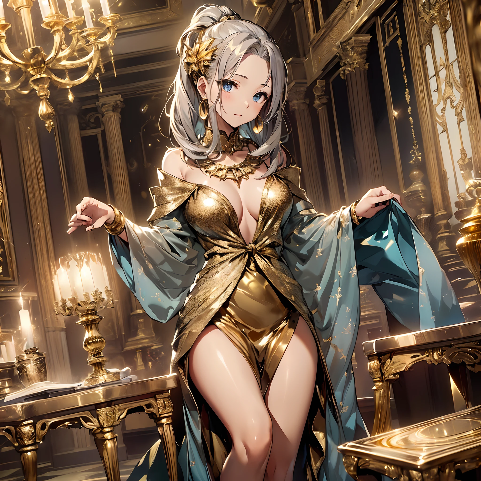 top-quality、Top image quality、masterpiece、girl with((18year old、Gold underwear,Best Bust、Medium bust、Bust 85,Beautiful blue eyes、Breasts wide open,Sexy Gold Dress、Gold Miniskirt、Gold Earrings、Gold necklace、Gold Ring、Shining golden ponytail、Skirt flutters、uses magic))hiquality、Beautiful Art、Background with(Shining meteors,kosmos、Gold Room、Gold Table、Gold Chair、Monitors、Gold Room、Gold Bookshelf、Golden Falls、magic circle around)),masutepiece、Elaborate design、visualart、depth of fields、The best lighting、highestdetailed、Front Angle