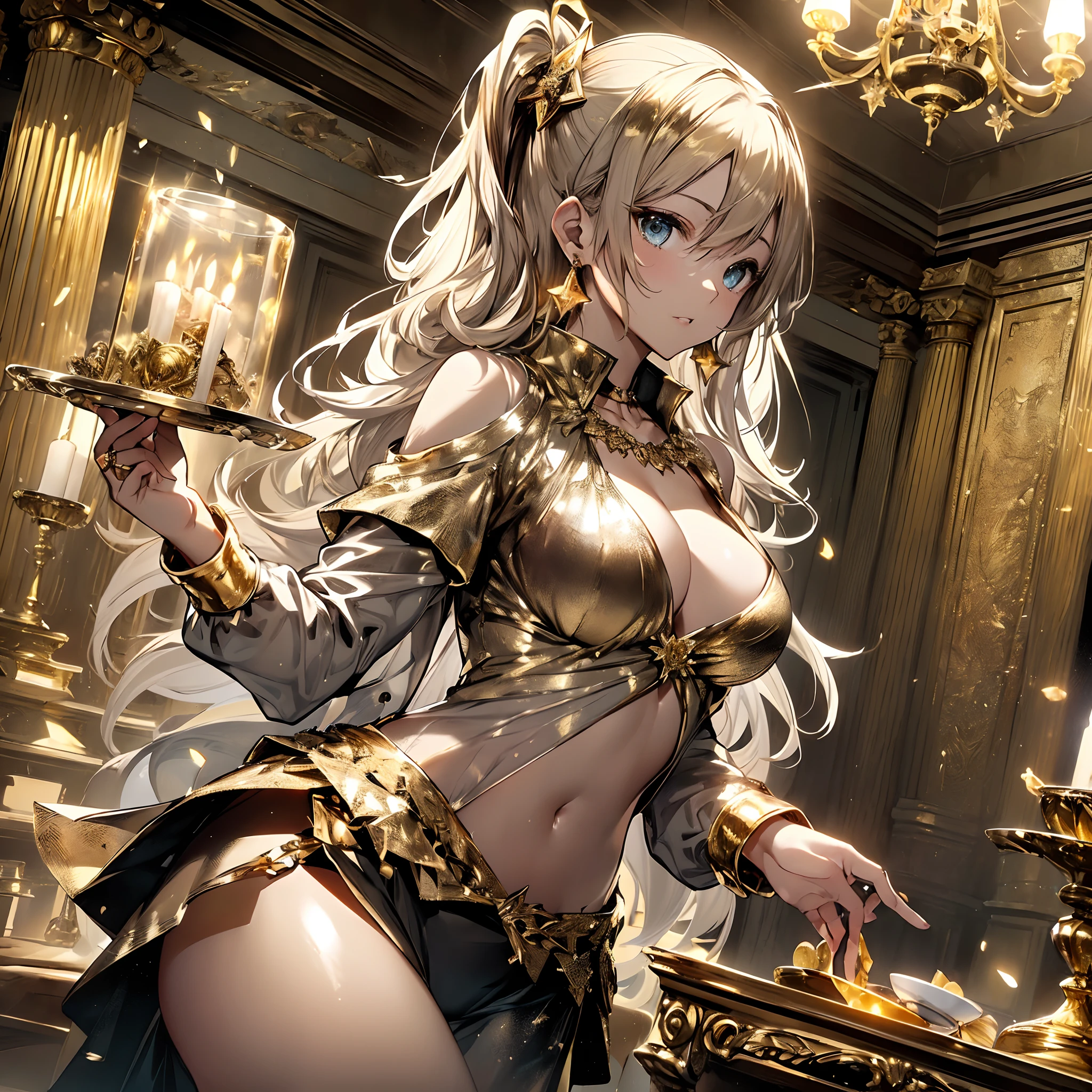 top-quality、Top image quality、​masterpiece、girl with((18year old、Gold underwear,Best Bust、Medium bust、Bust 85,Beautiful blue eyes、Breasts wide open,Sexy Gold Dress、Gold Miniskirt、Gold Earrings、Gold necklace、Gold Ring、Shining golden ponytail、Skirt flutters、uses magic)）hiquality、Beautiful Art、Background with(Shining meteors,kosmos、Gold Room、Gold Table、Gold Chair、Monitors、Gold Room、Gold Bookshelf、Golden Falls、magic circle around)),masutepiece、Elaborate design、visualart、depth of fields、The best lighting、highestdetailed、Front Angle