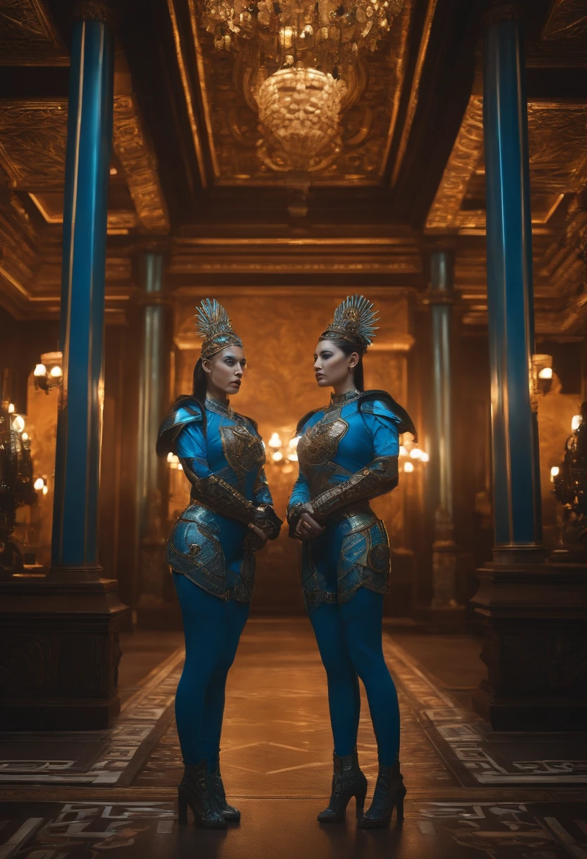 Two women in costume stood in a room, As Female Mechanic, Static Prometheus frame, Blue body paint, cyberpunk ornaments, aztec empress, cinematic details, Guards, balcony scene, solarpunk, author:Leon Wyczółkowski, Sisters, japanese cgi, kazakh empress, Close-up of people