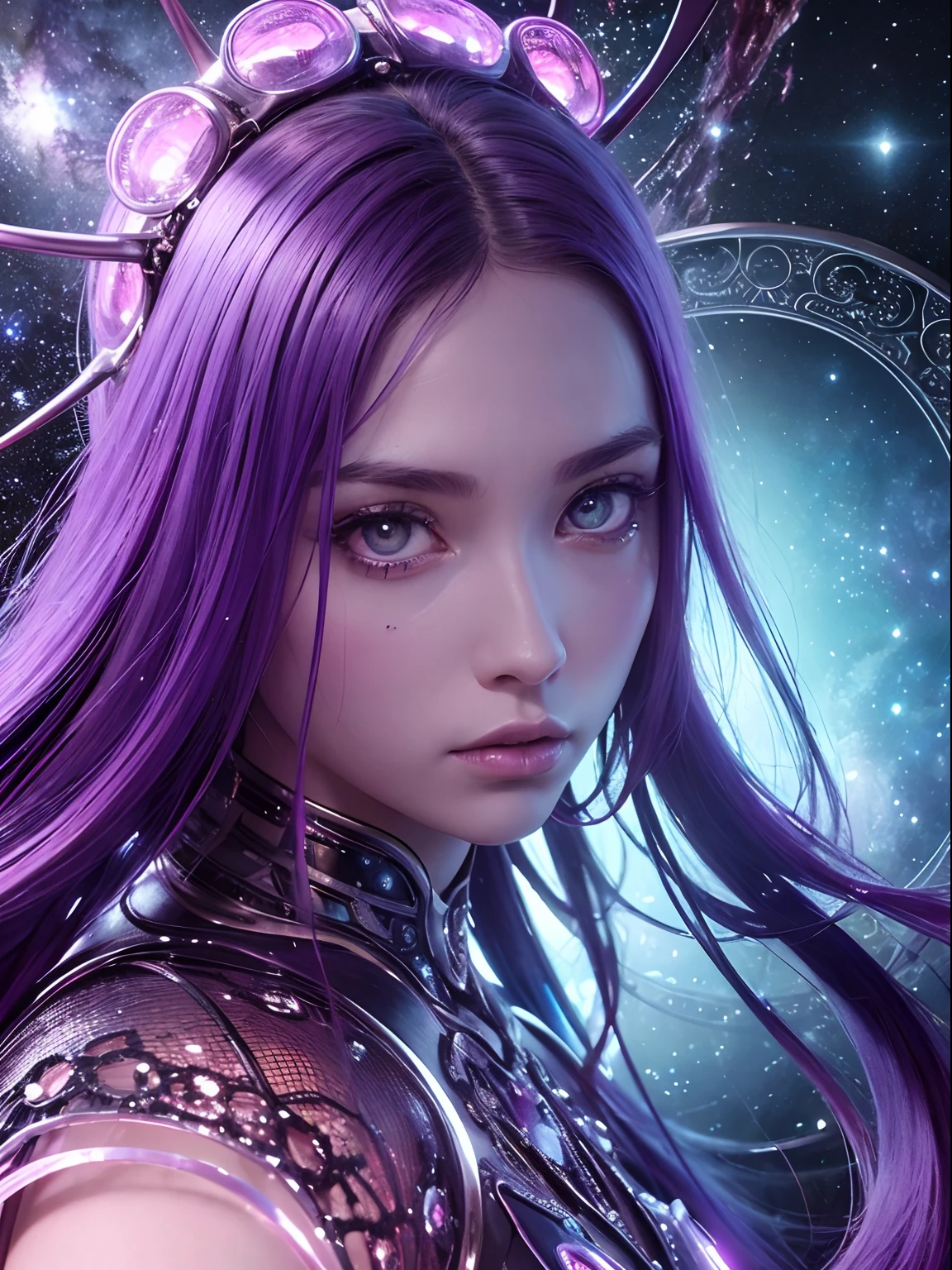Masterpiece, RAW photo, hyper photorealistic, Beautiful alien girl with a lot of purple hair, on a far fantastic planet, cosmic landscape, cute sexy, highly detailed, sci-fi aesthetic, fantasy aura, unearthly vegetation, by rutkowski, hdr, intricate details, hyperdetailed, cinematic, depth of field, rim light