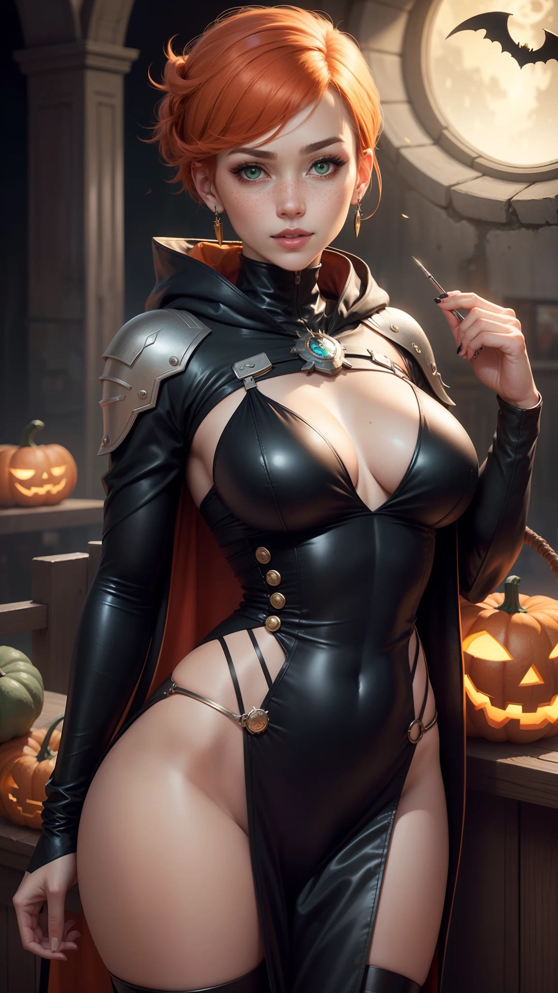 gwen tennyson,tracer,yorha 2b,rebecca chambers,atelier ryza,overwatch,1girl, close up,mecha pilot,halloween village, white and red plugsuit,hair pin,pirate corset,silver long sleeve lycra top,black leggings,short hair,cute makeup, green eyes,orange and golden hair,shy smile,freckles,redhead,beautiful girl,large breasts,ultra detailed,realistic,fantasy art,chinese dress,halloween pumpkin,steel armor,moonlight,silver earrings,vampire cloak,