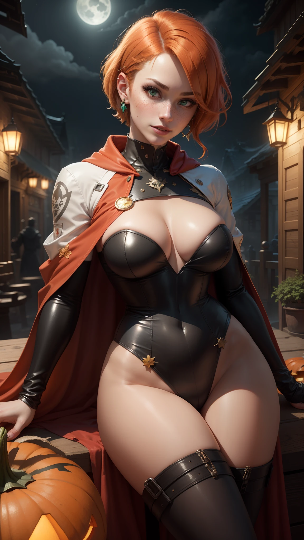 gwen tennyson,tracer,yorha 2b,rebecca chambers,atelier ryza,overwatch,1girl, close up,mecha pilot,halloween village, white and red plugsuit,hair pin,pirate corset,silver long sleeve lycra top,black leggings,short hair,cute makeup, green eyes,orange and golden hair,shy smile,freckles,redhead,beautiful girl,large breasts,ultra detailed,realistic,fantasy art,chinese dress,halloween pumpkin,steel armor,moonlight,silver earrings,vampire cloak,