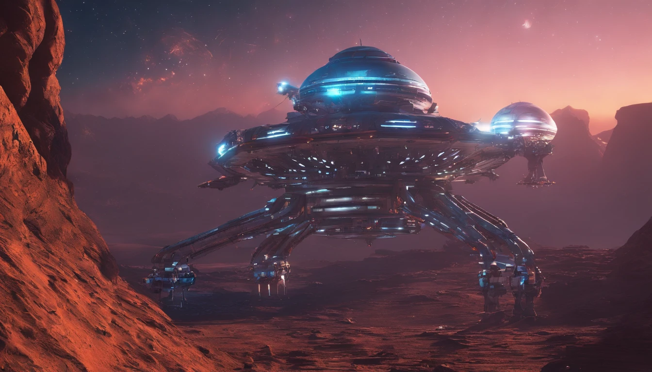 A small alien spacecraft stands on an unfamiliar rocky planet devoid of atmosphere. An extraterrestrial in a spacesuit stands nearby, gazing at the horizon. The spacecraft exhibits intricate details and a sleek design. The extraterrestrial's spacesuit is brightly colored and equipped with advanced technology, such as glowing panels and an elaborate helmet. The rocky terrain is rugged and uneven, with jagged peaks and deep crevices. The planet's sky is devoid of clouds, revealing a vast expanse of stars and distant galaxies. The light from the stars casts a soft, ethereal glow on the scene. The colors are vibrant and rich, creating a sense of otherworldly beauty. The image is of the highest quality, with stunning 8K resolution and ray tracing technology, allowing for realistic reflections and shadows. Every aspect of the scene is incredibly detailed, from the textures of the spacecraft and spacesuit to the intricate patterns on the rocks. The overall atmosphere is one of awe and wonder, capturing the mysterious and enchanting nature of an alien world.