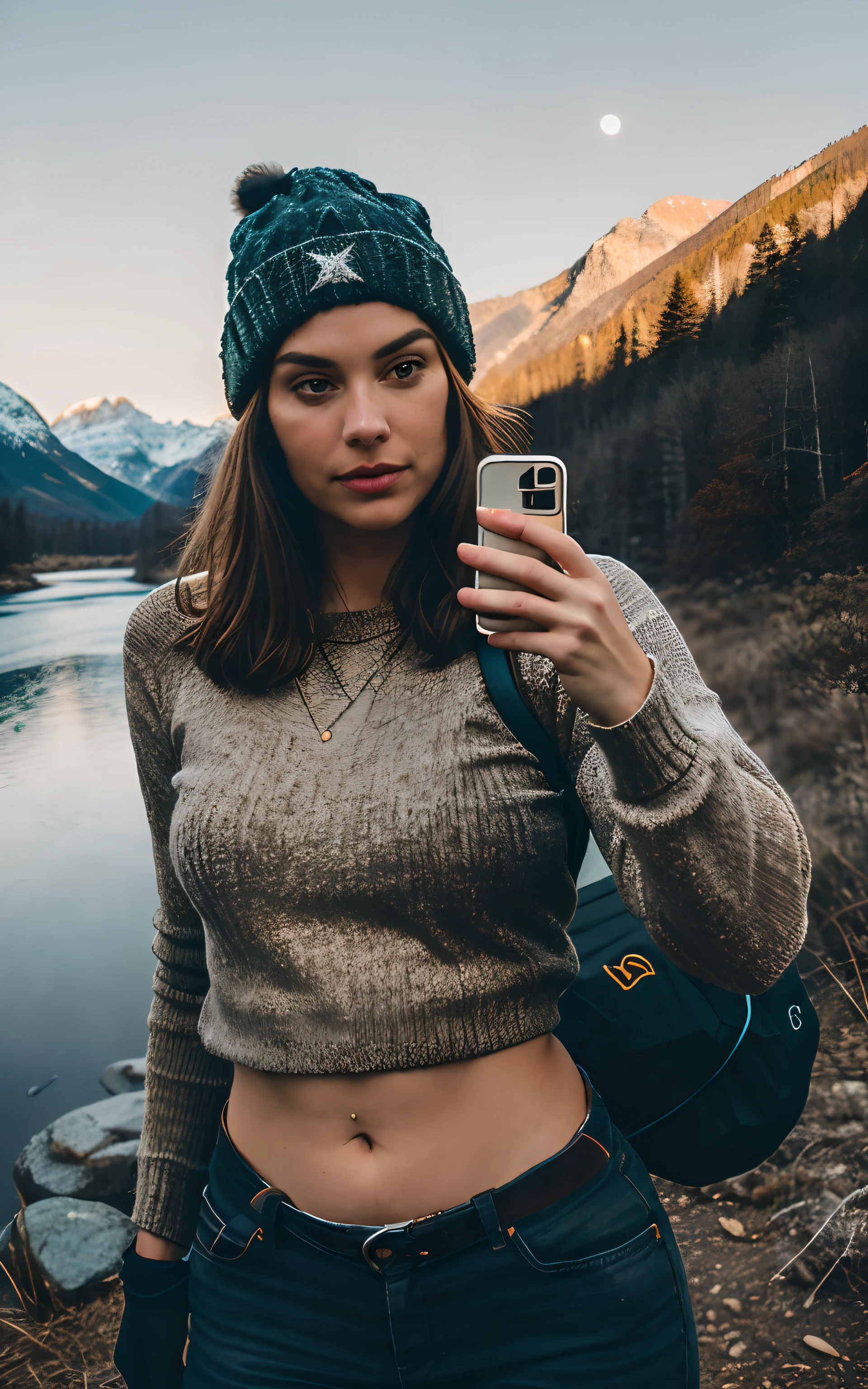 1girl, Kendall Jenner, ((full body selfie, happy)), masterpiece, best quality, ultra-detailed, solo, outdoors, (night), mountains, nature, (stars, moon) cheerful, happy, backpack, sleeping bag, camping stove, mountain boots, gloves, mini sweater top, bare belly, hat, flashlight, forest, rocks, river, wood, smoke, shadows, contrast, clear sky, analog style, (look at viewer:1.2), (skin texture), (film grain:1.3), (warm hue, warm tone :1.2), close up, cinematic light, sidelighting, ultra high res, best shadow, RAW, upper body, wearing pullover top