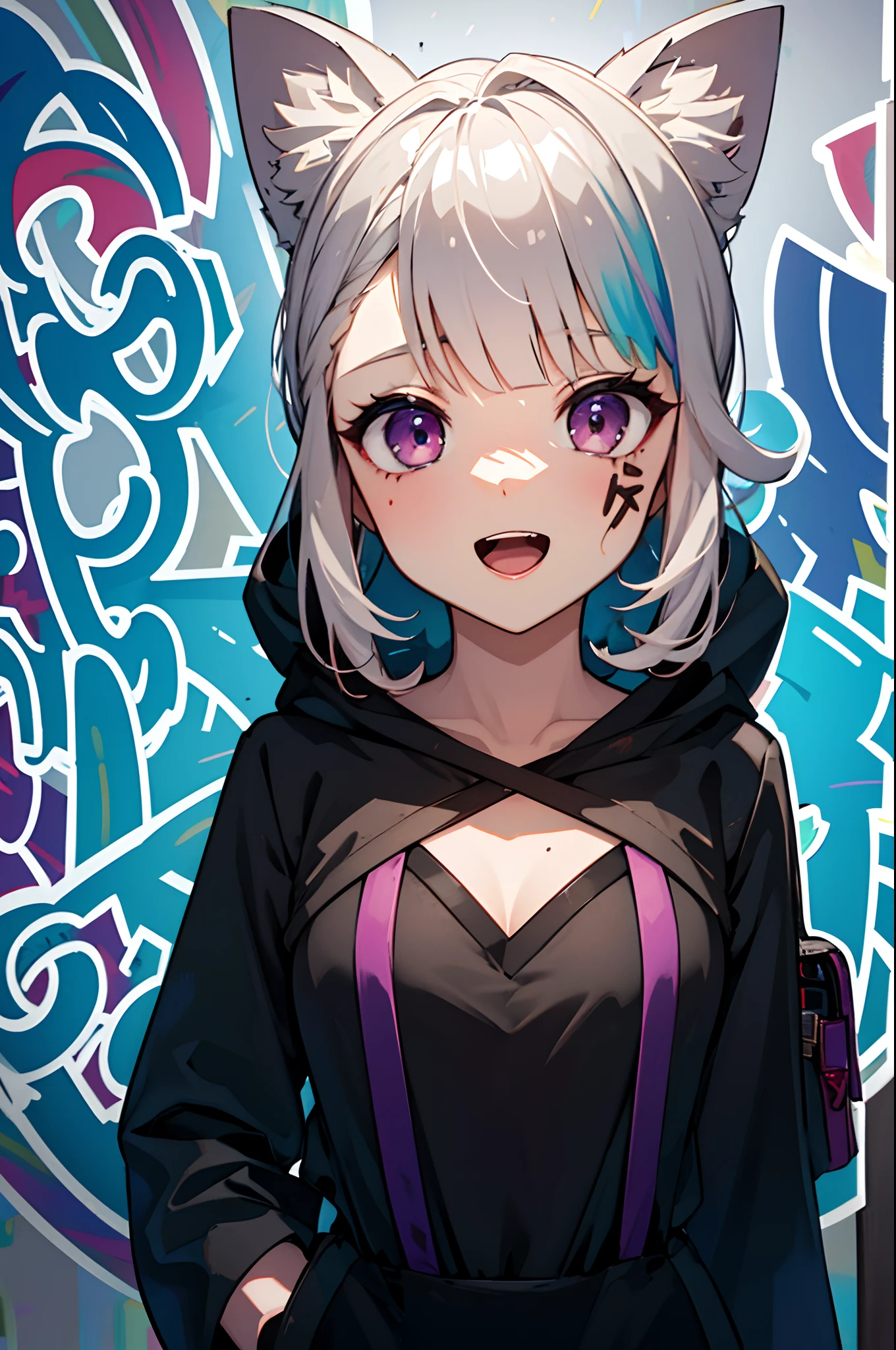 masterpiece, high quality, highres, absurdres, ultra-detailed, 8k, 1girl, platinum grey hair, blue hair, multicolored hair, gradient hair, looking at viewer, colorful eyes, colorful hoodie, (graffiti murals wall background:1.15), brilliant colorful paintings, bloom, portrait, open mouth, waist bag, against wall, bangs, shadow, reflection, Graffiti face, colourful eyes, open mouth, yandere expression, smile, look at viewer