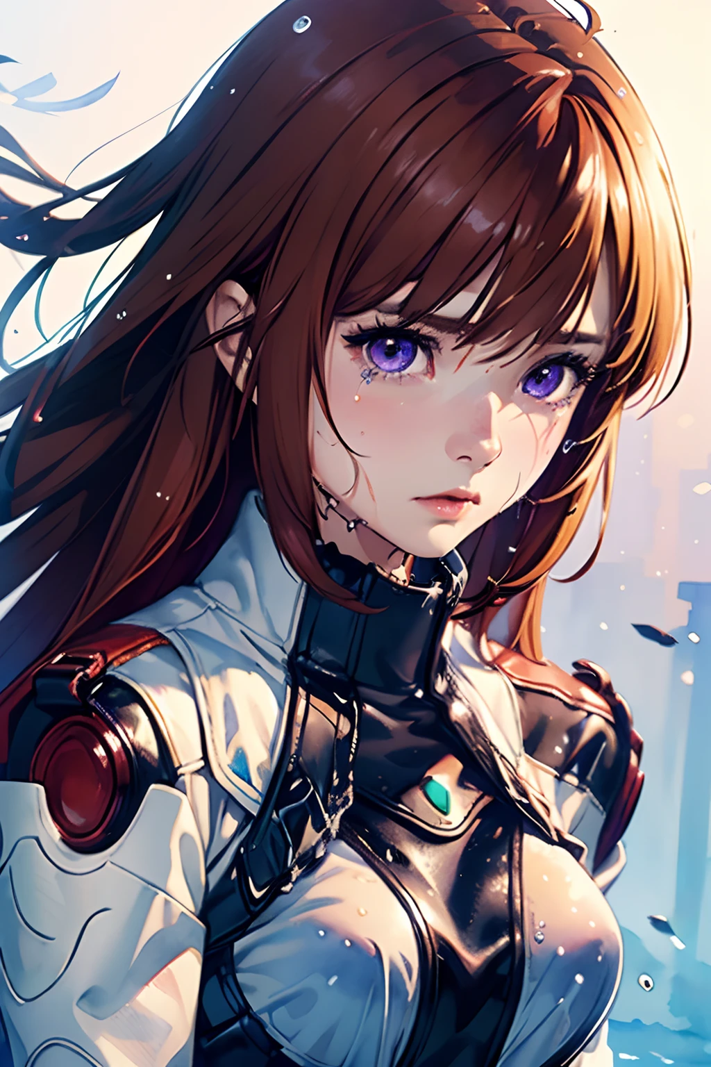 (masterpiece:1.2, best quality), (finely detailed beautiful eyes: 1.2), ((1girl)), (purple eyes:1.4), (finely detailed eyes and detailed face:1.3), ((girl with long red hair)), (beautiful and clear background:1.2), (extremely detailed CG, ultra-detailed, best shadow:1.1), ((depth of field)), ((watercolor)), beautiful concept illustration, (orange background:0.5), (illustration:1.1), (extremely fine and beautiful:1.1), (perfect details:1.1), from front, cowboy shot, scenery (perfect body) (dark tan pantyhose) (torn clothing) (pitiful) (tears in eyes) 7 (Torn clothes:1.5), (Wet clothes:1.4)