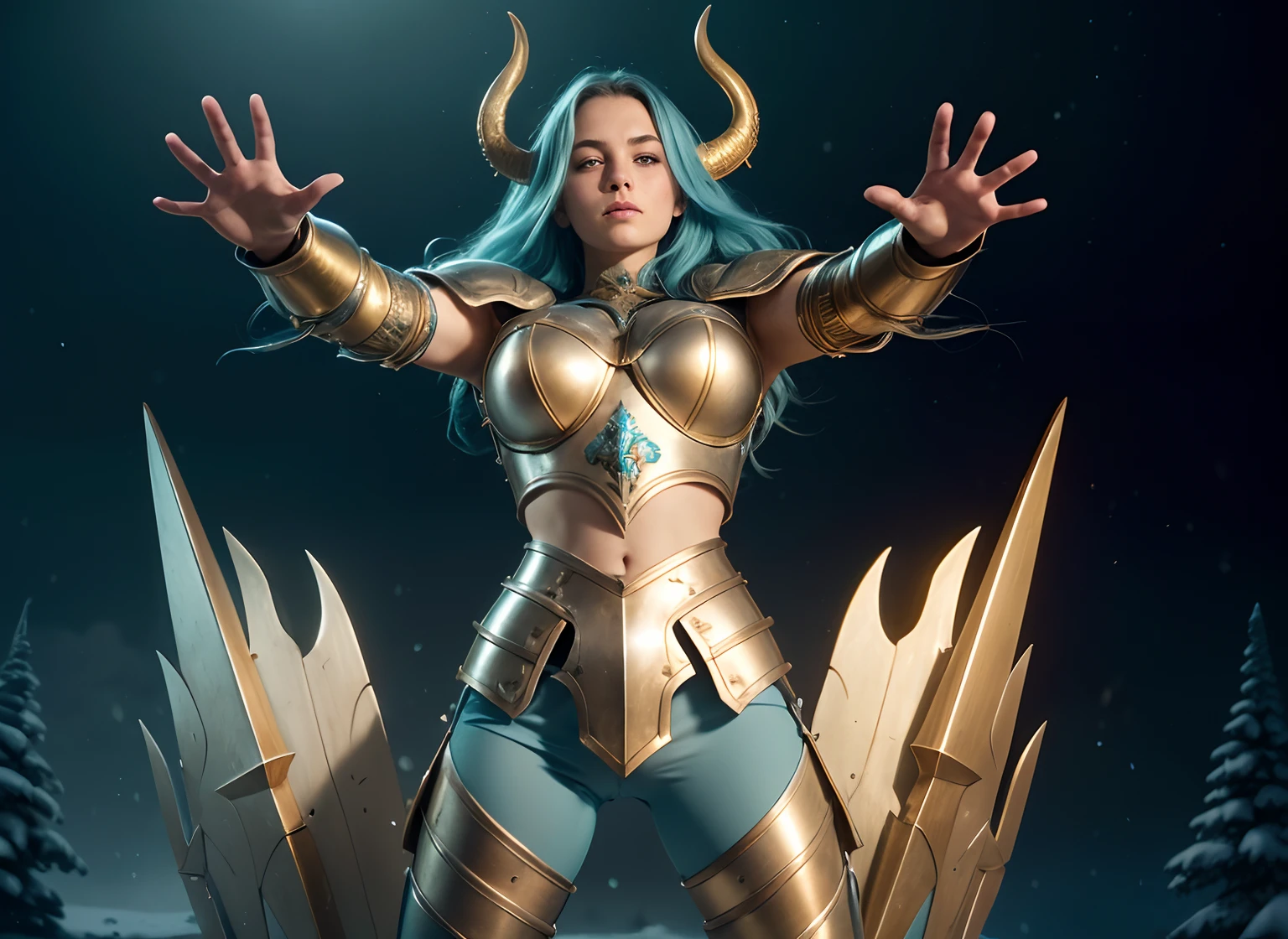 realistic), (cinematic shot), slightly low view. upper body of an beautiful young girl knight, 1girl, woman, in medieval armor, (detailed face), ((pretty big turquoise eyes)), with very long hair,  (light blue hair), (long hair), ((messy hair)), ((bands)) blowing hair, (big breasts), near a snow castle at winter, golden armor, golden horns on helmet, (full body armor), ((metal reflections)), ((bright intricate armor)), (light blue legging), (detailed armor, high quality), (ornate armor), (hdr), (noble), inspiring, film, cinematic lighting. ((light blue pants)). ((delicate face)). Full body-armor. The most beautiful warrior. Ultrarealistic landscape.