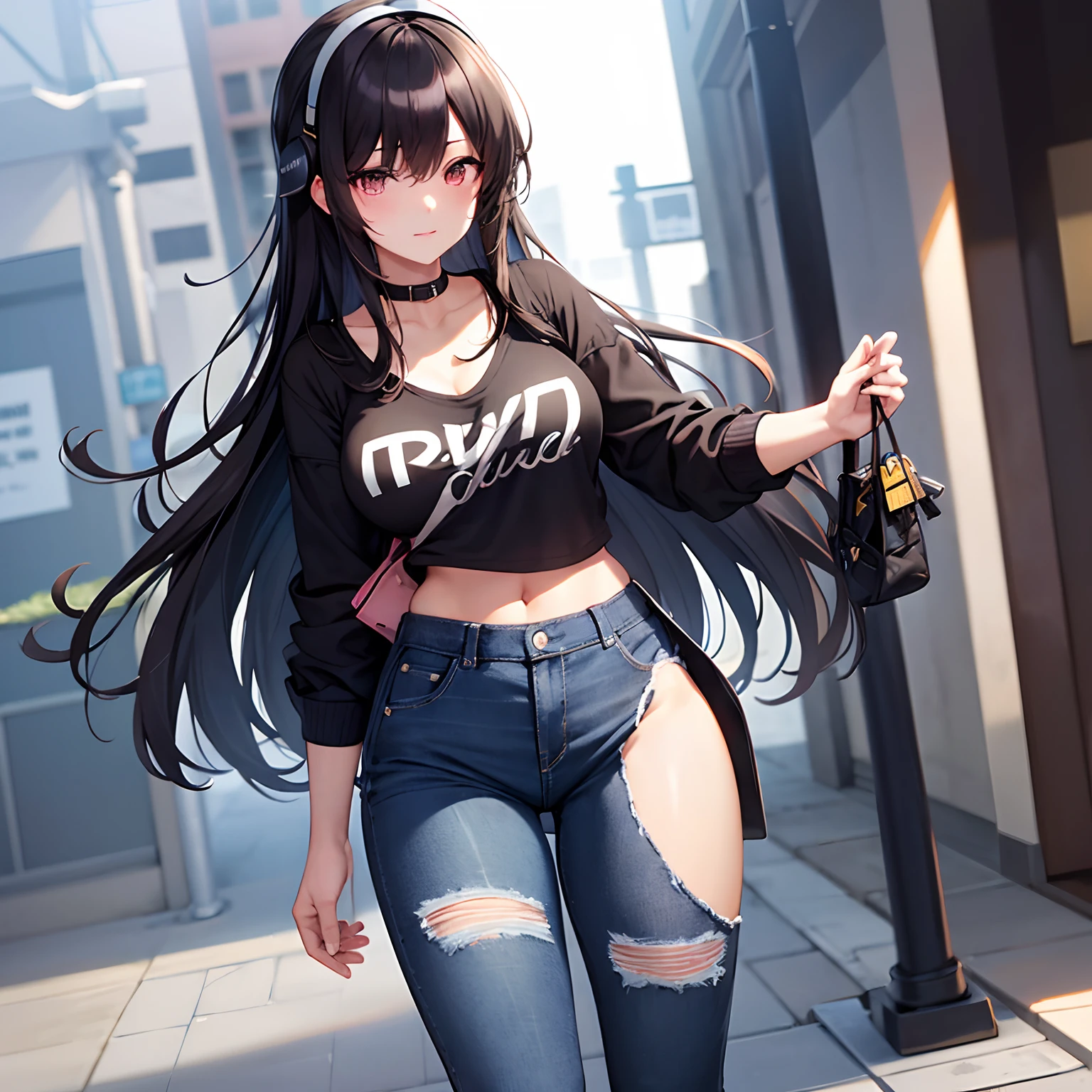 A dark-haired,girl with,full bodyesbian,独奏,head phone,No background,Eyes sparkle, full body,Street Fashion,denim pant,erect through
