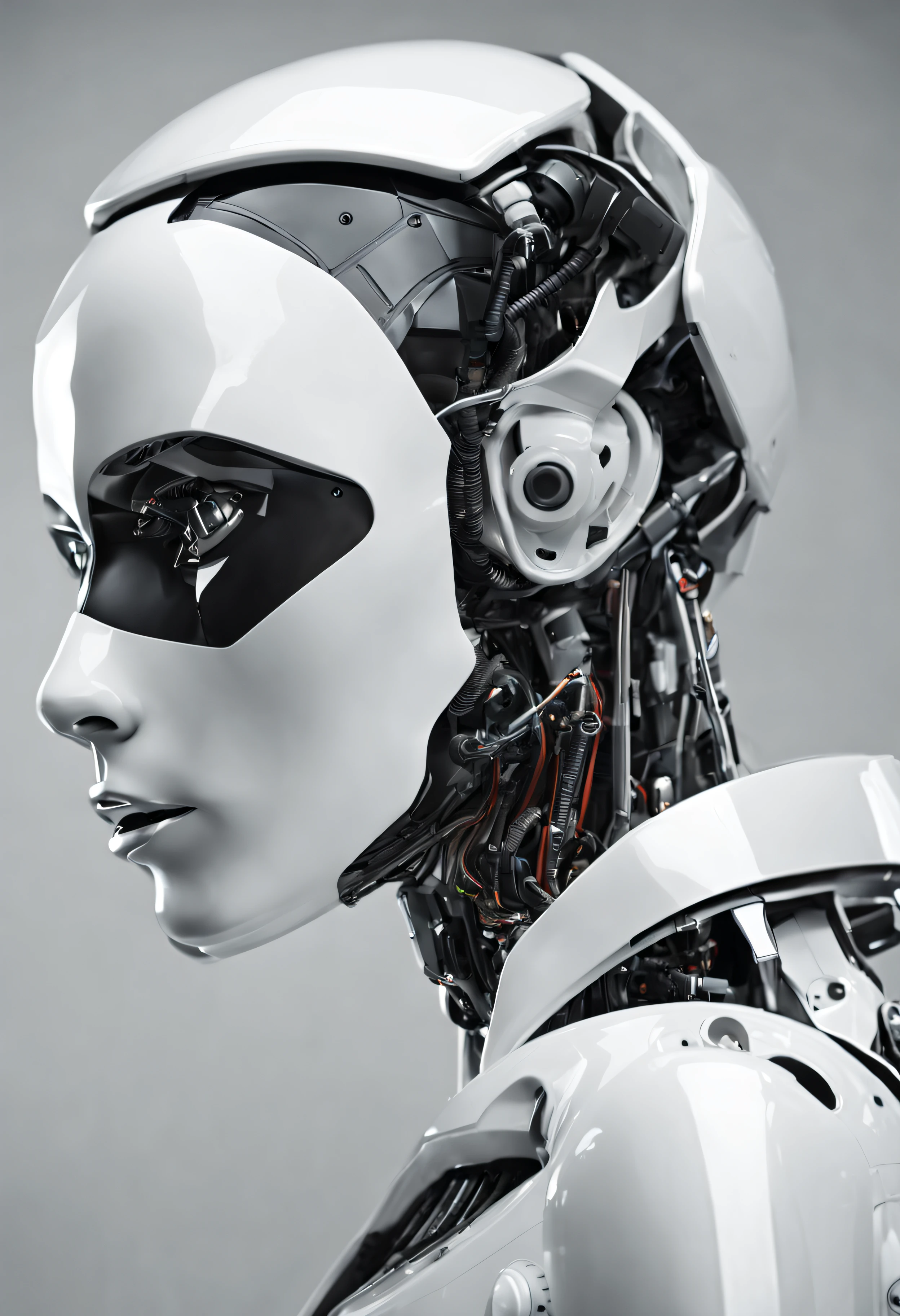 retrato photorealista de robot futurista visto de perfil mirando hacia la derecha, el color del robot es blanco con negro ademas tiene un fondo totalmente negro