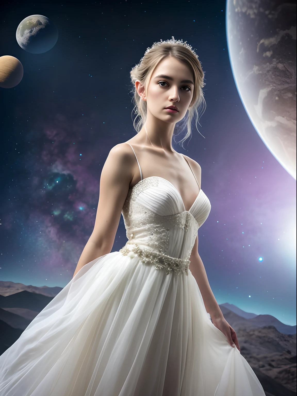 A beautiful girl standing on an enchanting planet, full body, adorned in a breathtaking bride's dress, surrounded by the wonders of an otherworldly landscape beneath a celestial sky,  photographed on a Nikon Z7 II Mirrorless Camera,120mm F/4 wide-angle
best quality, masterpiece, ultra detailed, cowboy shot, flowing, 3dmm, ink sketch, color ink, ink rendering, octane render, pastels, rice paper, 1girl, beautiful detailed eyes, (alternate hairstyle), ultra detailed hair, graceful, (charming), (delicate), pretty, cute, beautiful wedding dress, character in the center of the frame, rhythm, fantasy, looking at viewer, xxmix girl,sexy, seductive, futuristic, on an outerspace, standing on the moon