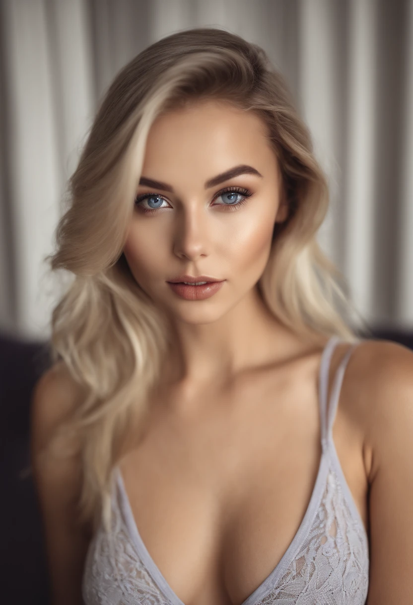 woman with matching tank top and panties, Sexy girl with blue eyes, portrait sophie mudd, portrait corinna kopf, blonde hair and large eyes, Selfie einer jungen Frau, Augen im Schlafzimmer, Violet Myers, ohne Make-up, Natural makeup, Blick direkt in die Kamera, Gesicht mit Artgram, dezentes Make-up, Stunning full body shot, im Schlafzimmer, Spaltung