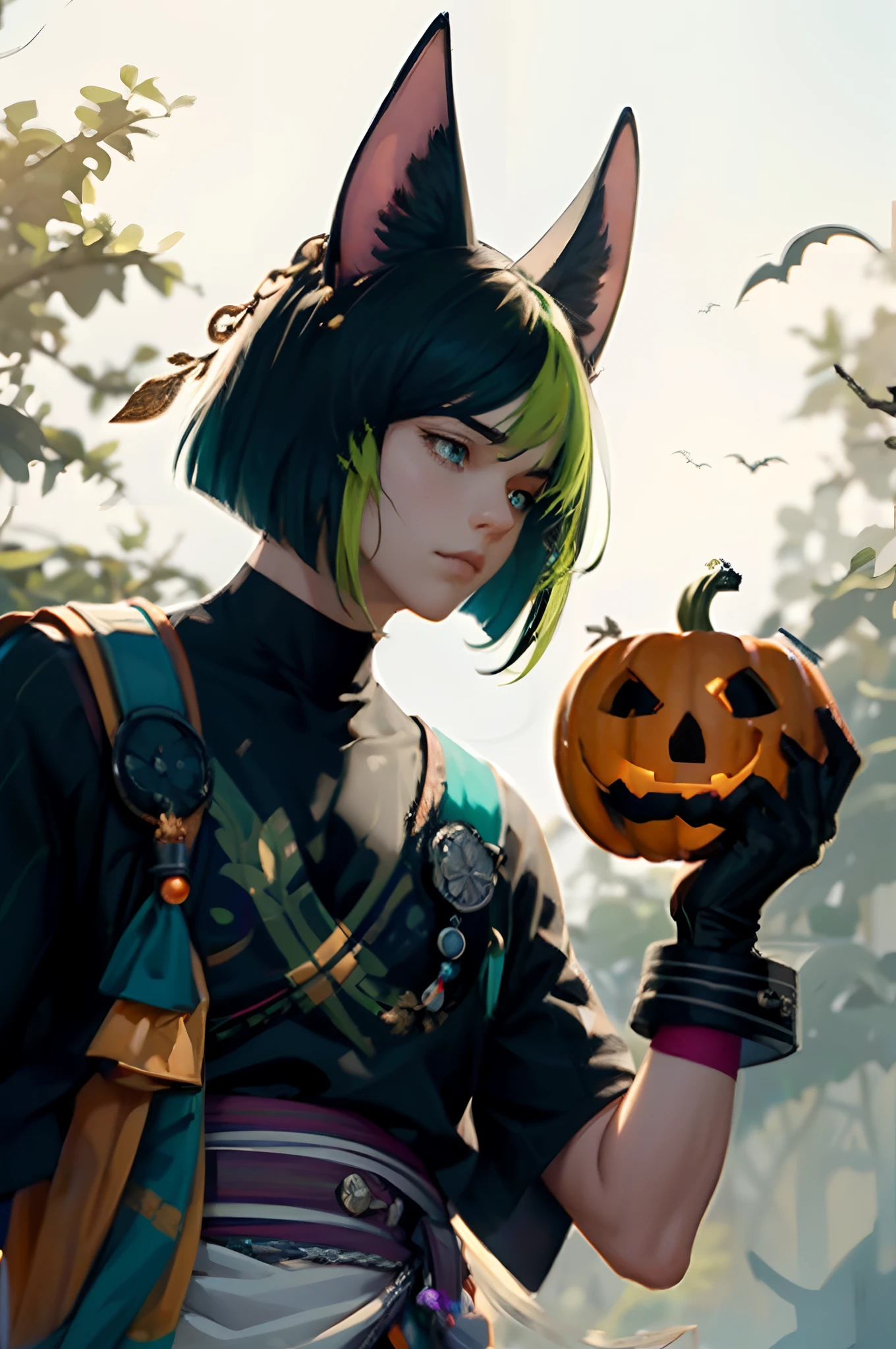 extremely delicate and beautiful, Amazing, finely detail, masterpiece, ultra-detailed, highres,best illustration, best shadow,intricate,sharp focus, high quality, 1 male solo, mature, handsome, tall muscular guy, broad shoulders, black hair with a green streak. big black animal ears, dark teal eyes, tighnari genshin impact, gloves, black shirt, white shirt, black pants, ((pumpkins, pumpkin farm, halloween))