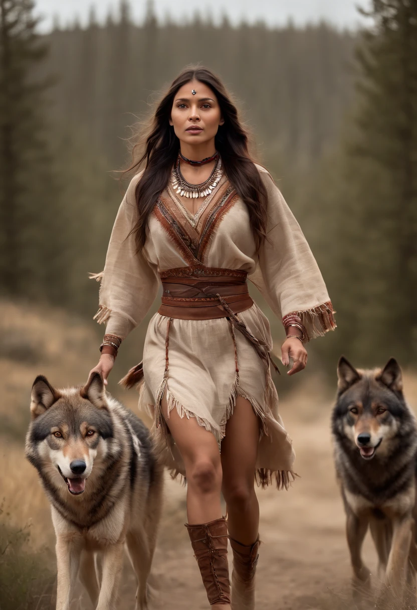 beautiful native american woman,running with wolves,through a valley in the moonlight,illustrated in traditional Native American art style,(best quality:1.2),(realistic:1.37),vibrant colors,soft lighting,native patterns,flowing hair and dress,expressive eyes,striking facial features,proud and strong posture,sacred animals in the background,nature elements,symbolic moon and stars,tribal symbols,subtle texture,detailed line work,fine brush strokes,painterly style.