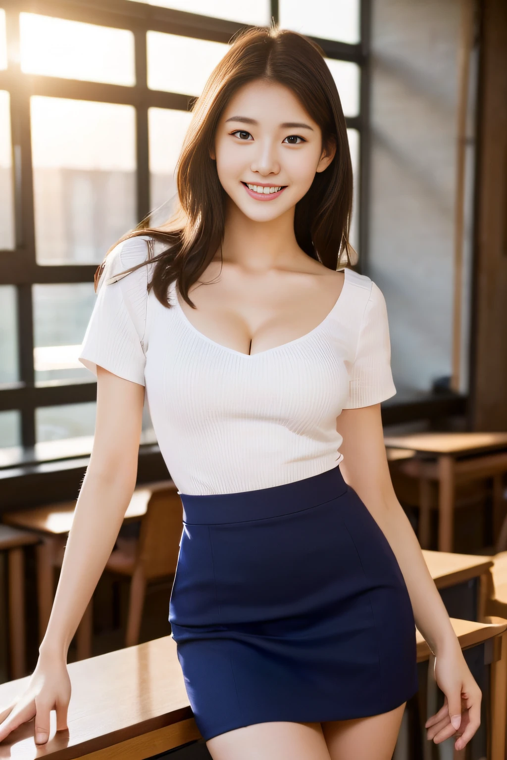((8k:1.27、top-quality、​masterpiece、超A high resolution:1.2))、(Beautiful Realistic Asians:1.3), A cute Japanese woman:1.3、1girl、Sexy Teacher、White blouses、Navy blue skirt、pantiy、a large bust:1.7、cleavage of the breast、Dark hair、black eyes、bob、27 year old beautiful woman、Constricted body、beauty legs、(perfect anatomia、Beautiful limbs、Beautiful skin、Healthy body)、SEXY Pose、looking at away、High School Classroom、early evening、Beautiful sunset、smile、profetional lighting、Professional filming、modeled、
