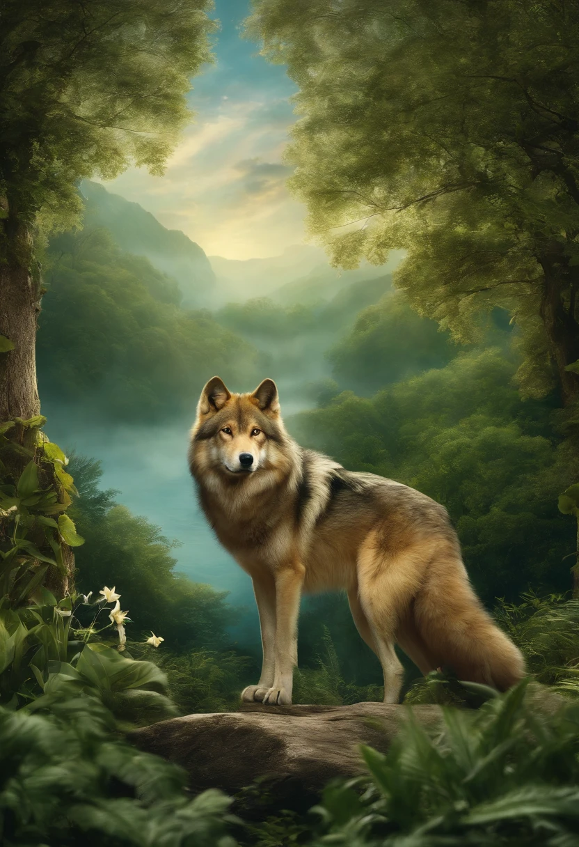 Create an image with a predominance of green and gold colors. Adicione pequenas mudas de plantas e flores douradas, simbolizando o crescimento e a prosperidade. Include the figure of a wolf to represent independence and courage in the search for new horizons. The sky above should have soft shades of blue, com nuvens sutis para criar uma atmosfera tranquila. Na base da imagem, Add a small golden marker to represent the progress marker