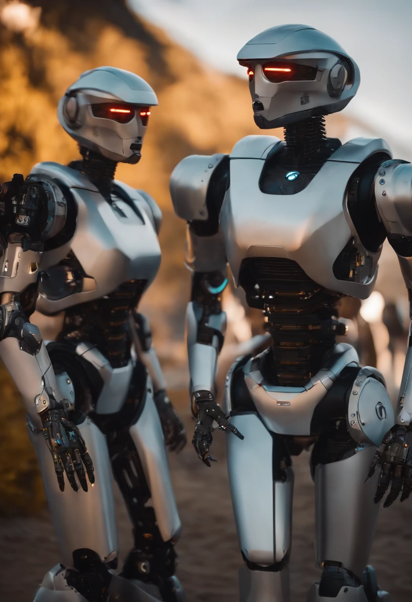 there are two robots that are standing next to each other, Machines and futuristic robots, Death and robots, Robot Cyborg, Dieselpunk cyborg, cyber steampunk 8 k 3 d, humanoide robot, Still from Arita, movie still of aztec cyborg, Future Robot, from a 2 0 1 9 Sci Fi 8 K movie