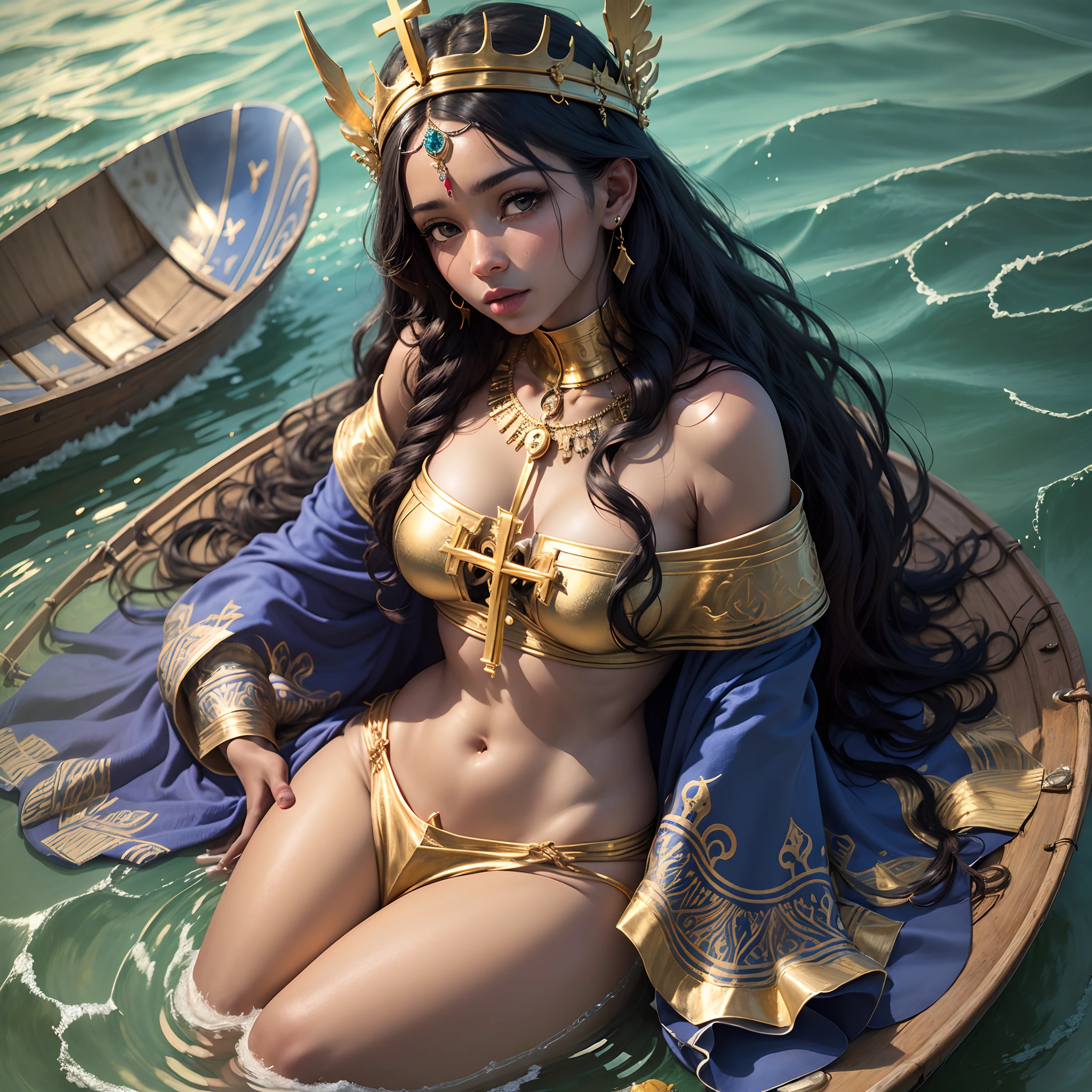 Our Lady Aparecida, patron saint of Brazil, inside a boat in the middle of the river with waves and a fishing net with some fish with blue robes and a gold crown on her head, black skin and brown eyes, long black hair, curly yellowish,, Oxum is considered the owner of fresh waters both in Candomblé and in Umbanda with Nossa Senhora da Conceição, Catholic Saint). Candomblé Oxum all in gold robes real realistic image HD 4k, Real Person, Real Realistic Human, Human Face, Black Eyes, rosto real real dark skin Black humano real rosto real verdadeiro --auto --s2