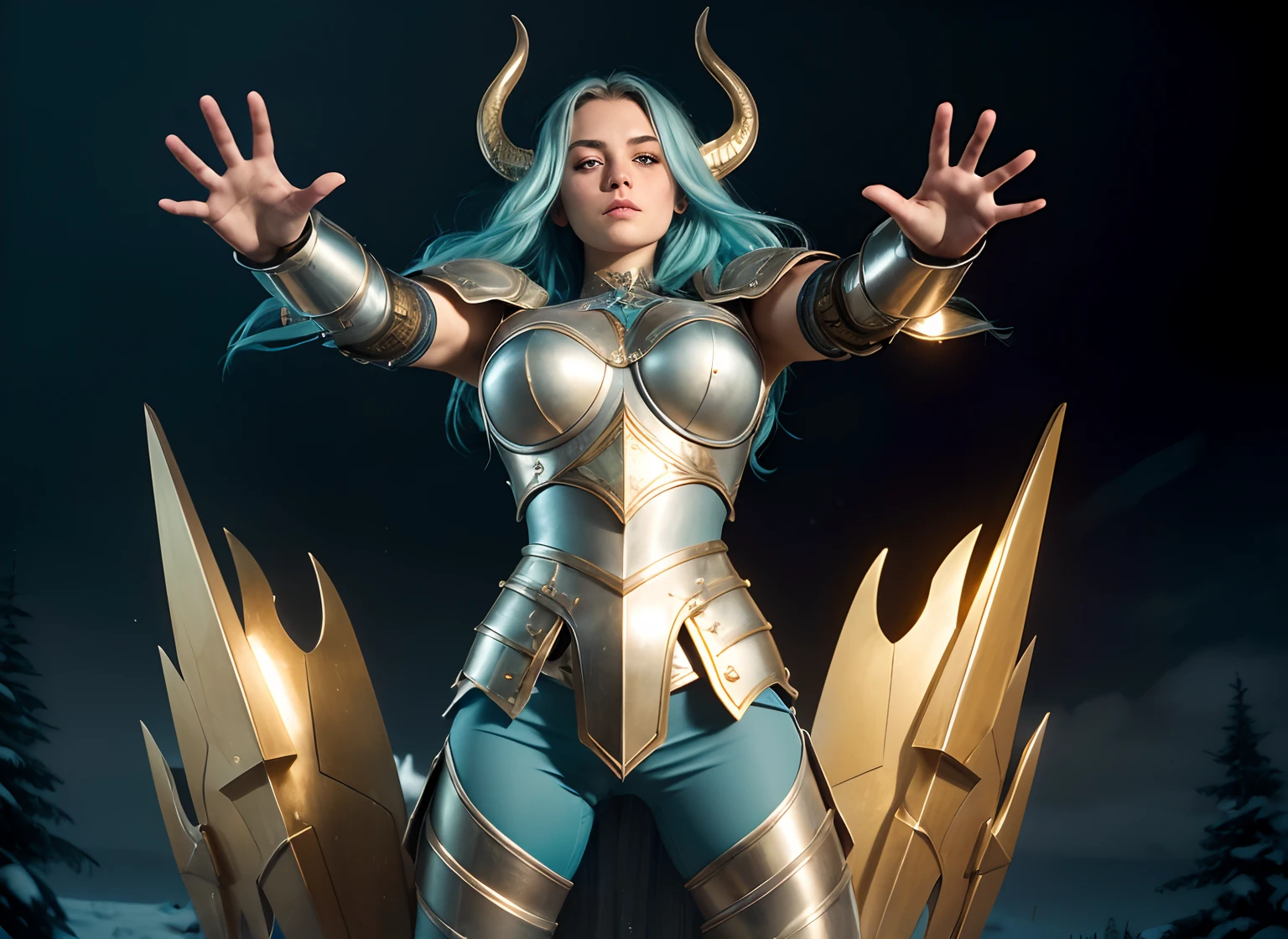 realistic), (cinematic shot), slightly low view. upper body of an beautiful young girl knight, 1girl, woman, in medieval armor, (detailed face), ((pretty big turquoise eyes)), with very long hair, (light blue hair), (long hair), ((messy hair)), ((bands)) blowing hair, (big breasts), near a snow castle at winter, golden armor, golden horns on helmet, (full body armor), ((metal reflections)), ((bright intricate armor)), (light blue legging), (detailed armor, high quality), (ornate armor), (hdr), (noble), inspiring, film, cinematic lighting. ((light blue pants)). ((delicate face)). Full body-armor. The most beautiful warrior. Ultrarealistic landscape.
