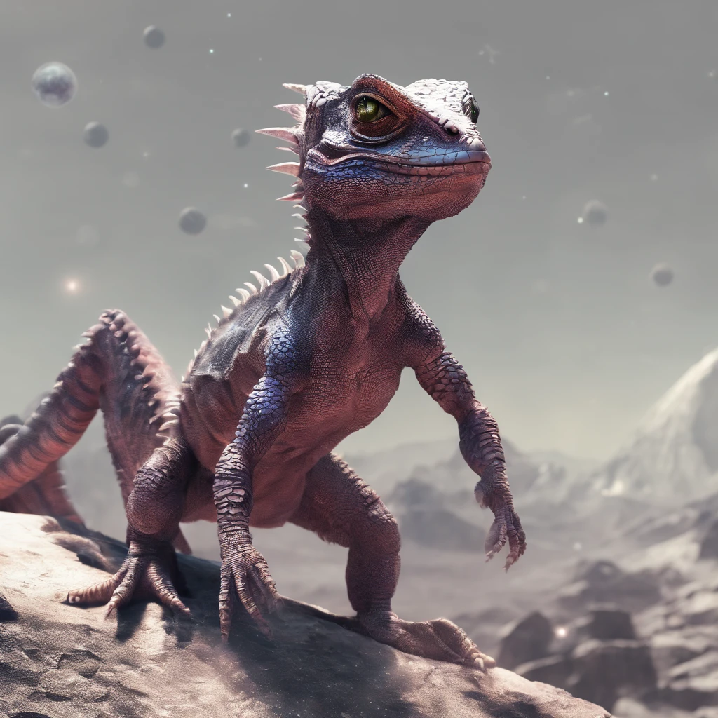 A large space lizard stands on a rocky planet