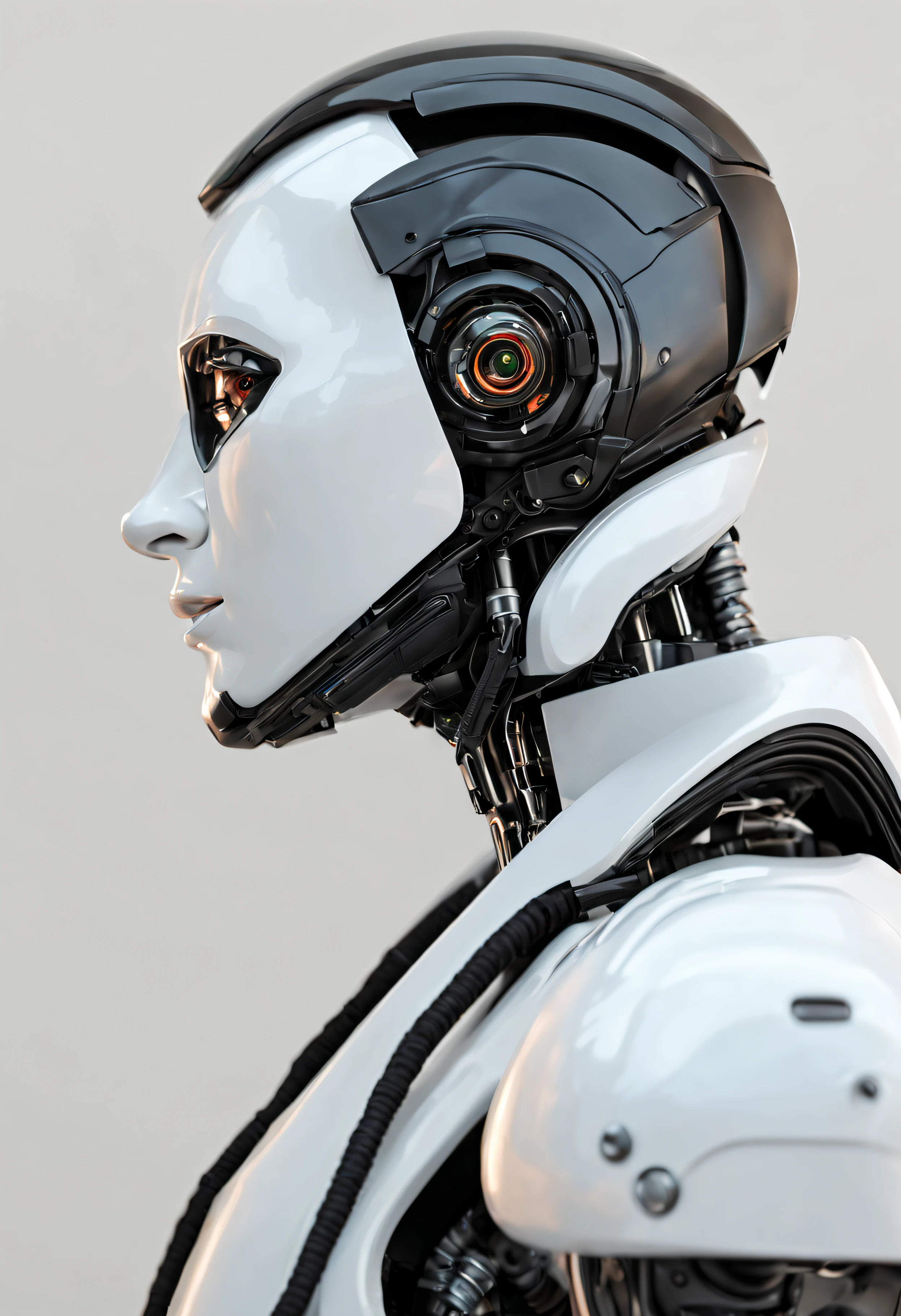 close up of a female robot with human face, fantasy style, dark, surreal, horror, epic