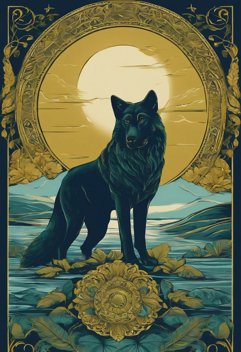Create an image with a predominance of green and gold colors. Adicione pequenas mudas de plantas e flores douradas, simbolizando o crescimento e a prosperidade. Include the figure of a wolf to represent independence and courage in the search for new horizons. The sky above should have soft shades of blue, com nuvens sutis para criar uma atmosfera tranquila. Na base da imagem, Adicionar um pequeno marcador dourado para representar o marcador de progresso